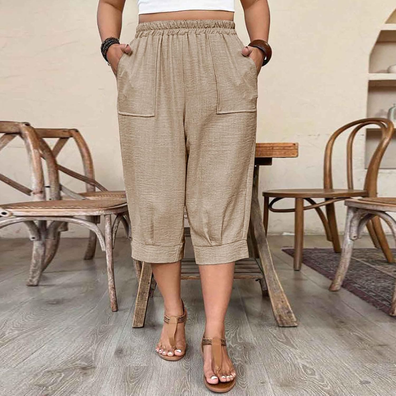 Women's Plus Size Pants Casual Summer Drawstring Elastic Waist Pockets Lightweight Breathable Cotton Linen Trousers