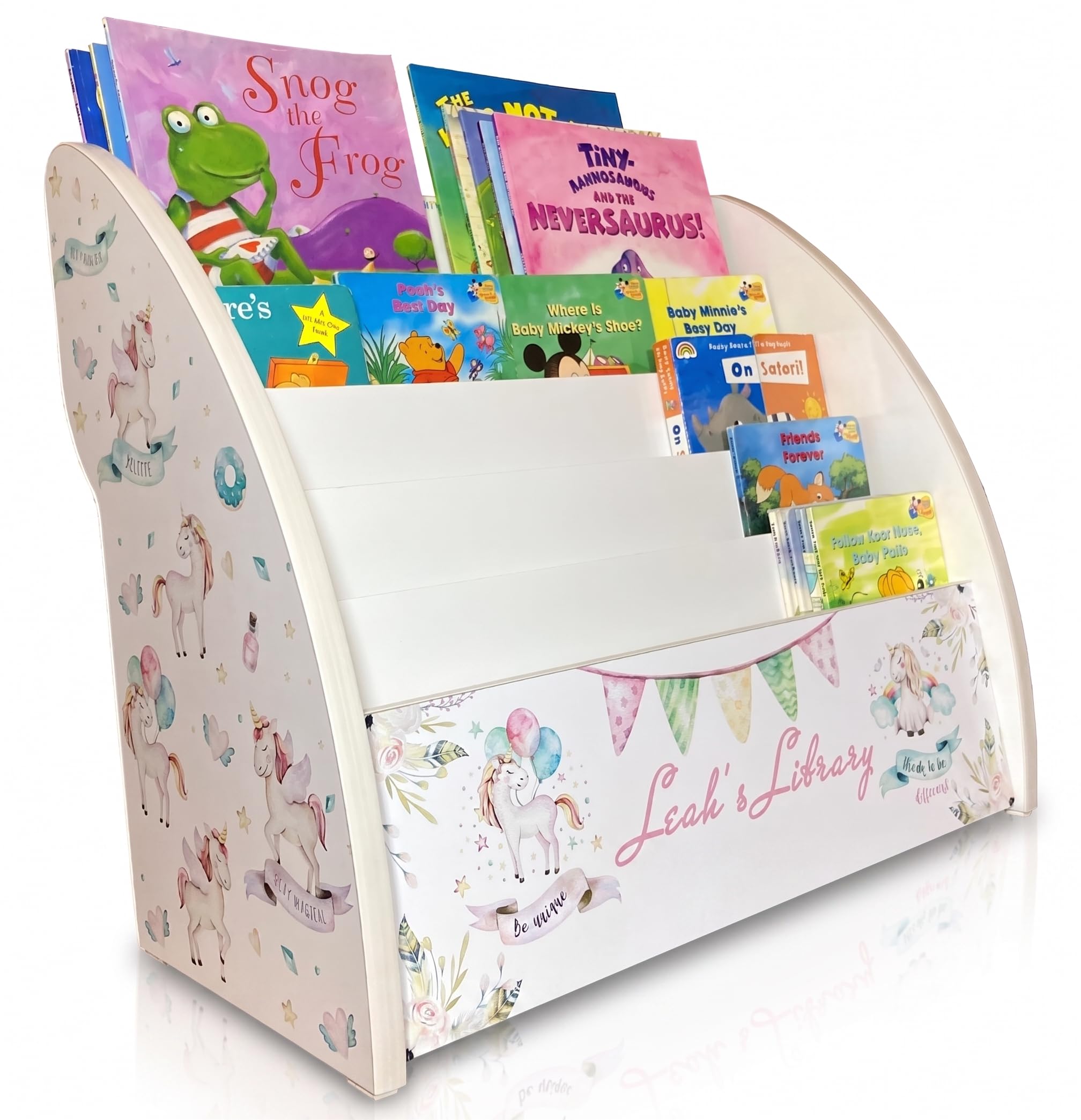 TINYSTANDS Personalised White Unicorn Child Bookcase | Handmade, Child-Safe Girls' Bookshelf for Toddlers (Unicorns White | Standard)