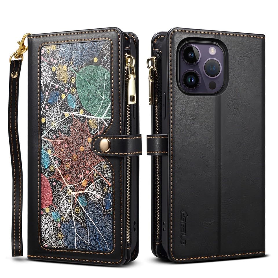 Étui cuir noir iPhone 14 Pro coque arrière aimantée rabat flip et porte-carte