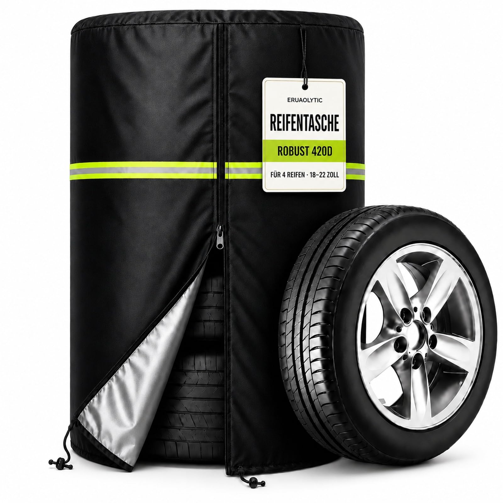 Reifenabdeckung für 4 Reifen Ø84 x H120 cm – 420D Oxford Reifenschutzhülle mit Reißverschluss & Kordelzug, wetterfeste Reifenhülle für Sommer- & Winterreifen, Felgenbaum & Reifenstapel
