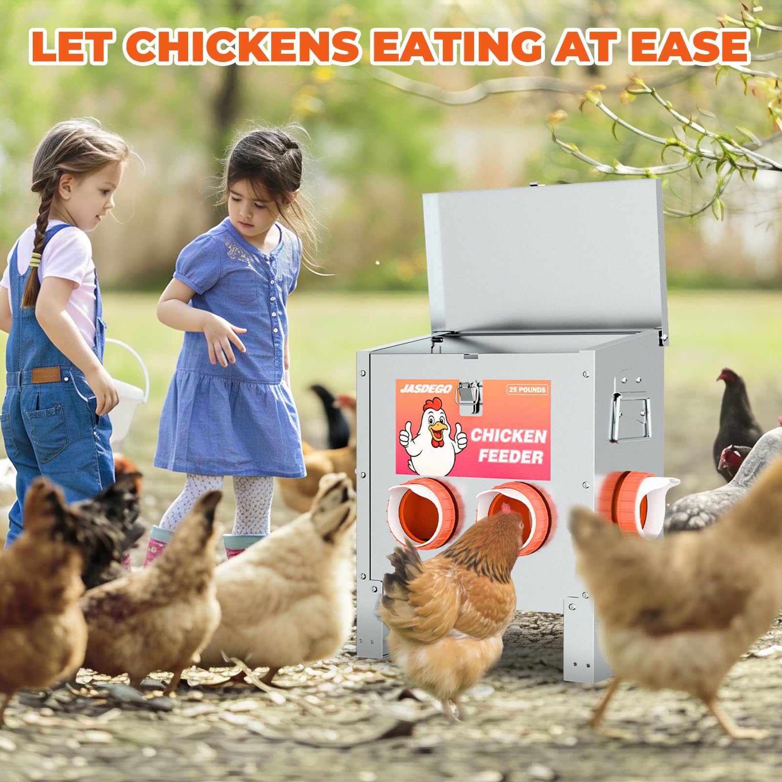 Comedero de metal para pollos, sin residuos, 25 libras, 4 puertos, alimentador automático de aves de corral con pestillo y mango para pollos, bantamas, faisanes, aves de corral, gallinero, a