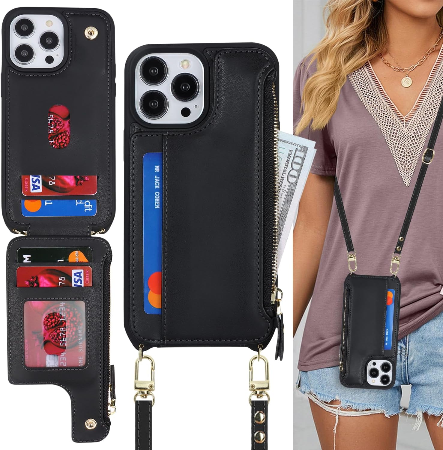 Cavor for iPhone 13 Pro Max Wallet Case with Card Holder for Women,for iPhone 12 Pro Max Case with Strap,Crossbody and Wristlet Zipper Pocket Phone Cover-Black - Image 9