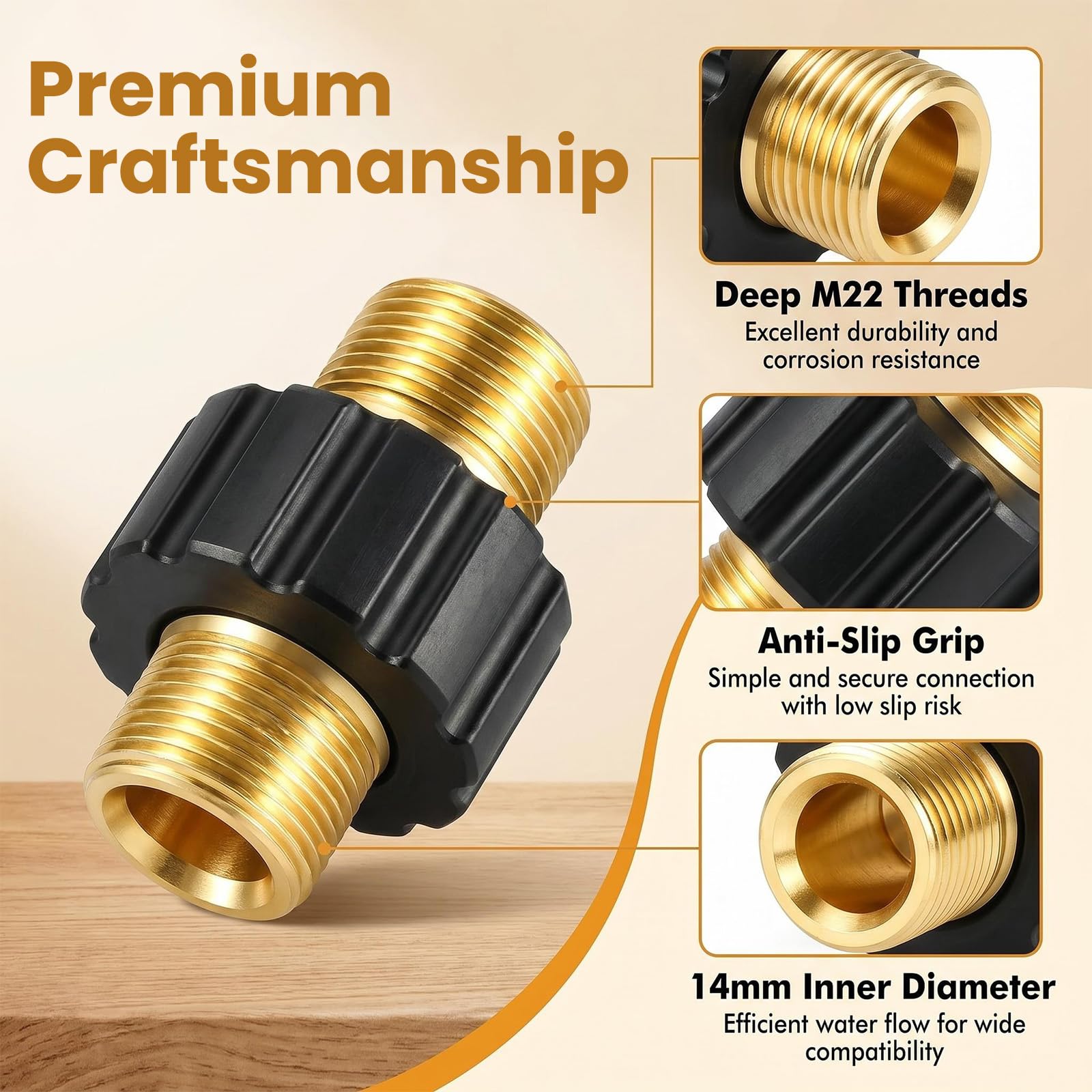 Adaptador de conector rápido M22 x 1,5 rosca métrica para limpiadores a presión compatible con series K, HD y HDs, acoplamiento de latón con diámetro interior de 14 mm, resistente y duradero