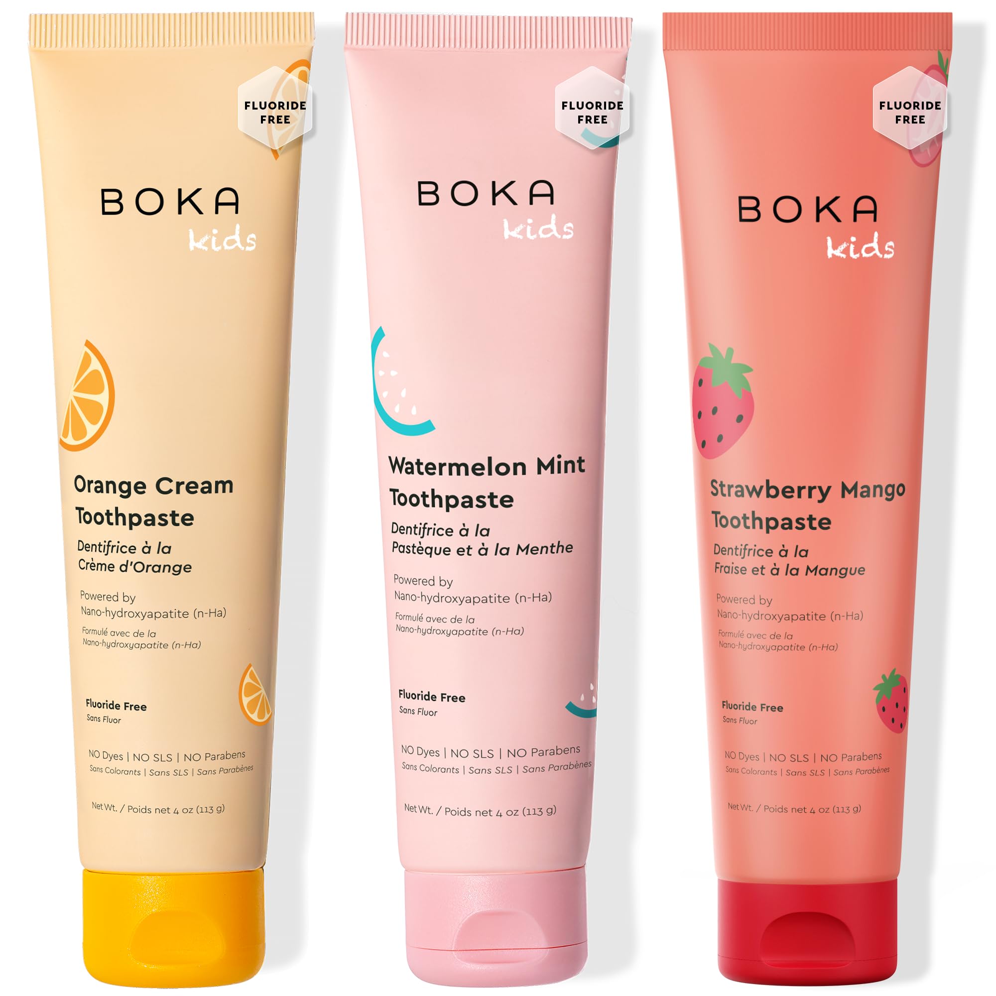 Boka Lot de 3 dentifrices sans fluorure Nano Hydroxyapatite, aide à se reminéraliser, convient aux dents sensibles, blanchissant - pour adultes, enfants - crème orange, menthe pastèque, fraise et