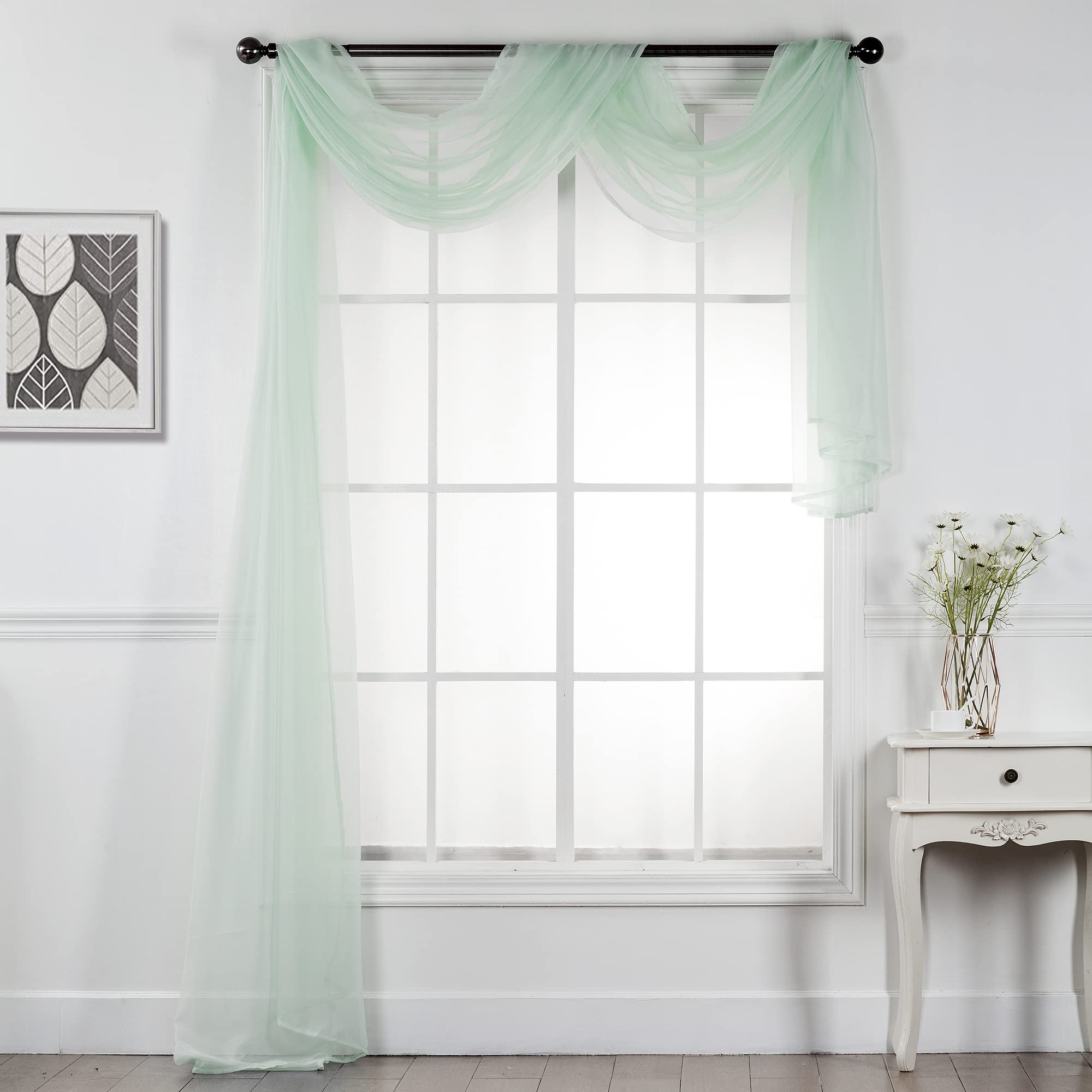Interior Trends Multipurpose Fully Hemmed Sheer Voile Window or Event Draping Fabric Scarf Valance (Mint, 1 Piece: 37" W x 216" L)