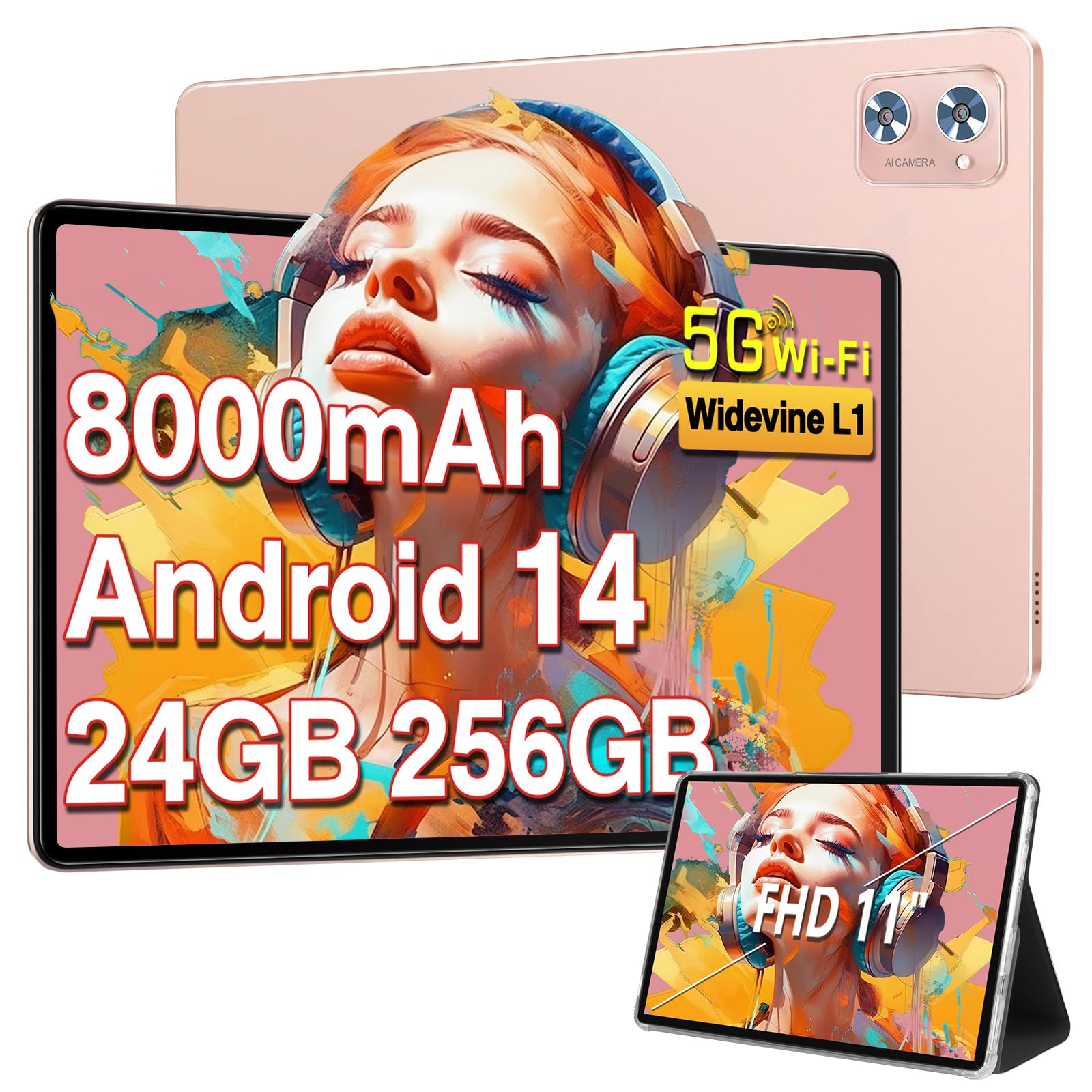 Tablet 11 inch Android 14 Tablets, 24GB RAM 256GB ROM 1TB Expand, Octa-core 8000mAh Battery Tablet PC with 13MP Camera, IPS HD Touchscreen, 5G WiFi, Widevine L1, Bluetooth 5.0, GPS - Rose Gold/pink
