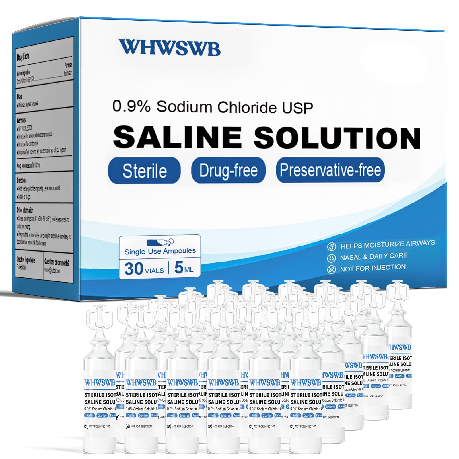 0.9% Sterile Saline Solution Single-Use Vials, 30 x 5 mL, For All Ages