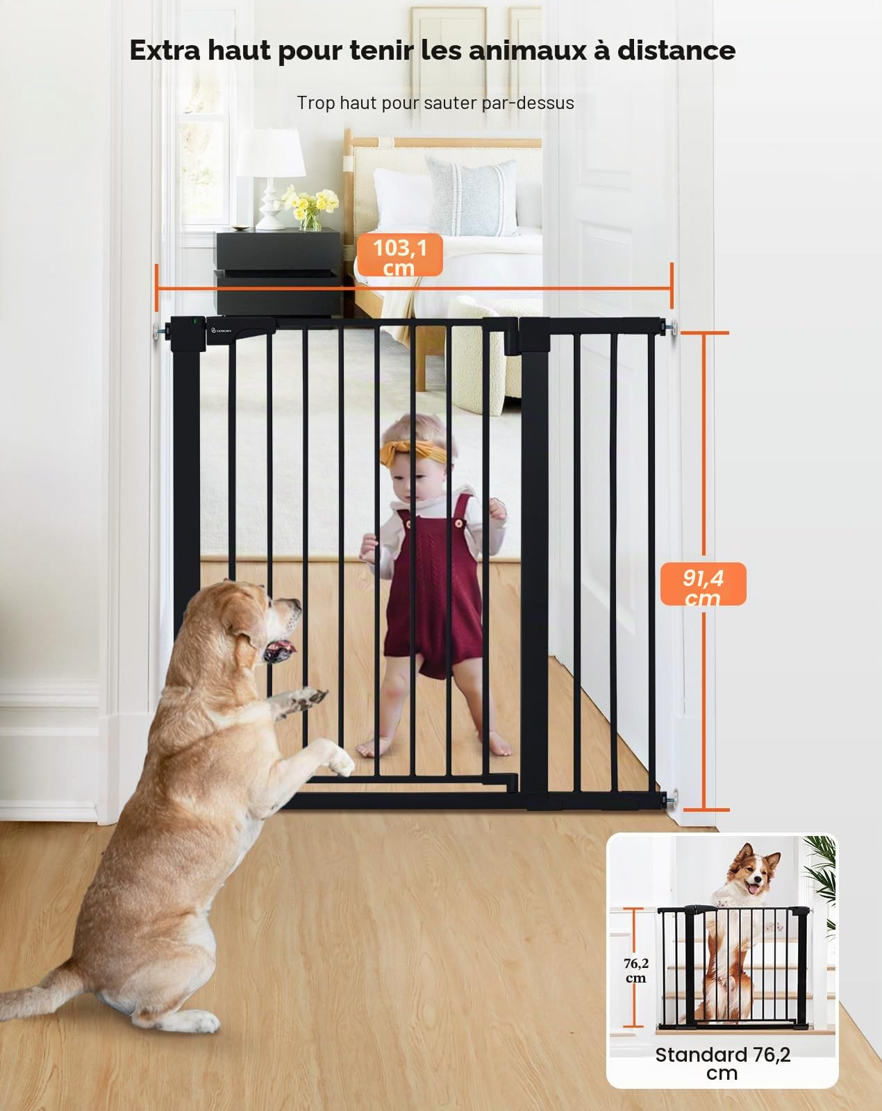 COMOMY Barriere de Securite Enfant Super Haute, 75-103cm Barriere Chien Escalier, sans Percage, Extensible, Fermeture Automatique, Monté sous Pression (Noir)