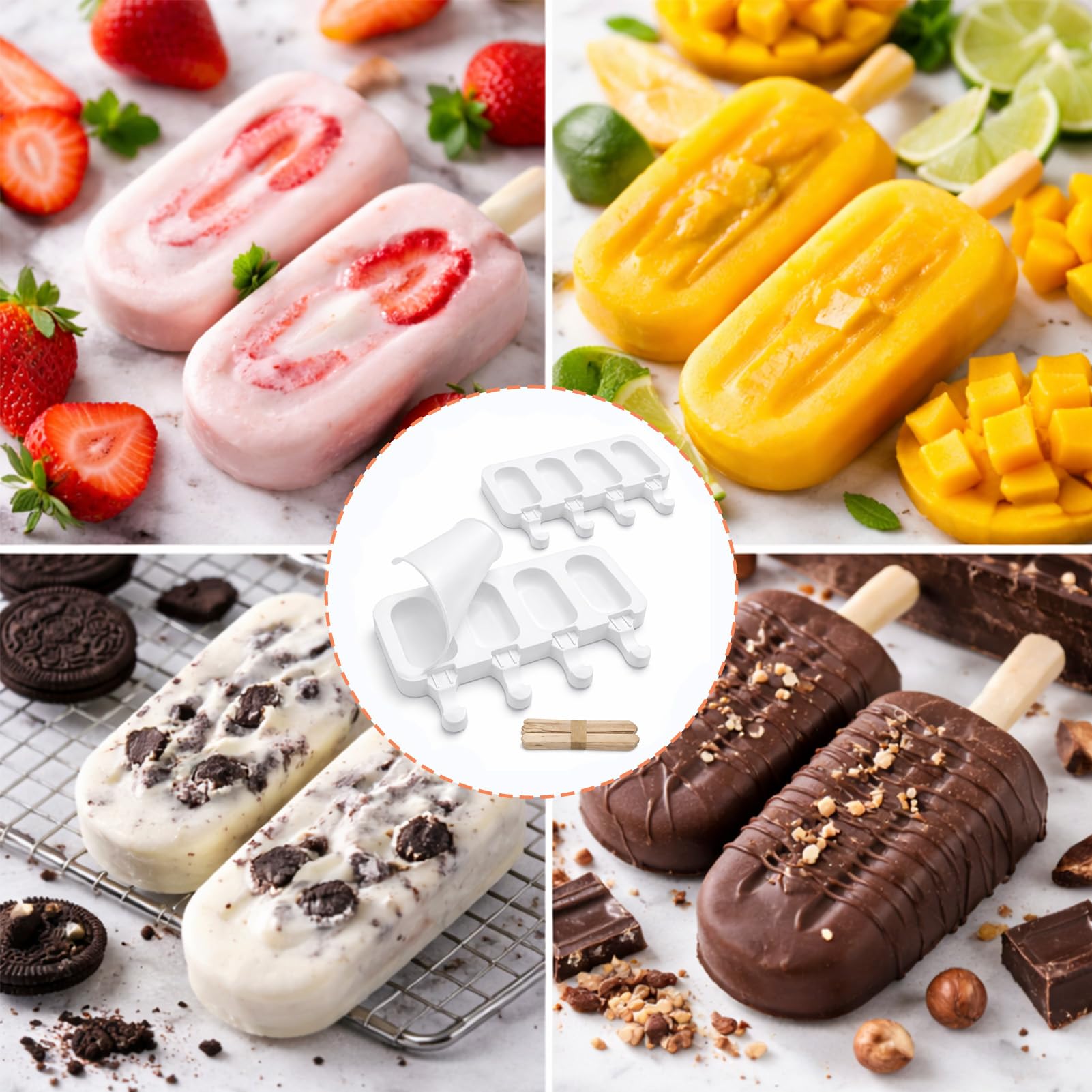 2 Piezas Moldes Helados Silicona, con 2 Tapas 50 Palos Molde Helado Reutilizable sin BPA para Hacer Helados Caseros Moldes Chocolate Bricolaje Postre para Adulto Infantiles Blanco