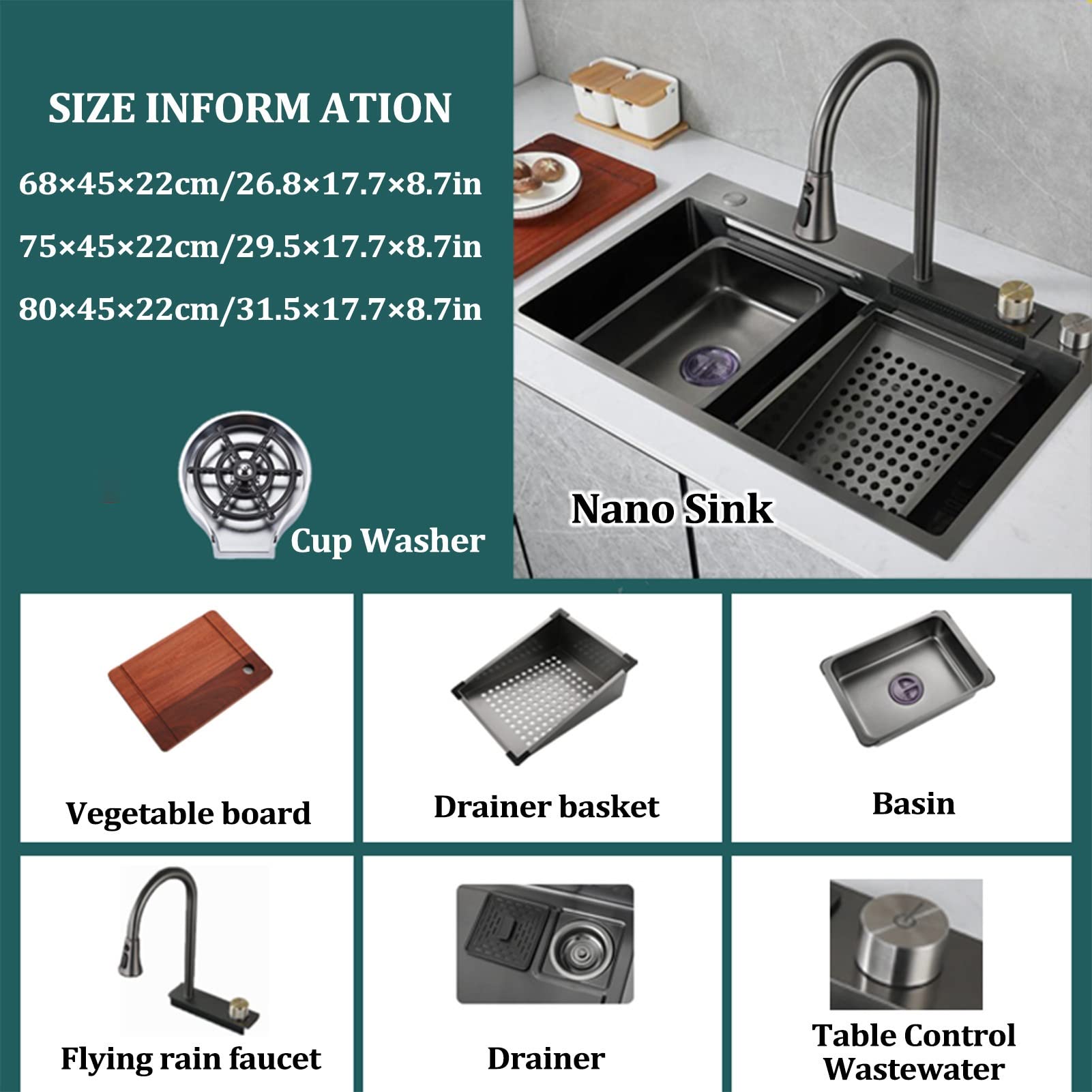 Lavello da Cucina A Cascata, Lavello da Cucina, Vasca Singola con Lavabicchieri, Lavello da Postazione di Lavoro, Lavabicchieri/Nero-Grigio/68 * 45 * 22 Cm-Black-grey-80 * 45 * 22Cm