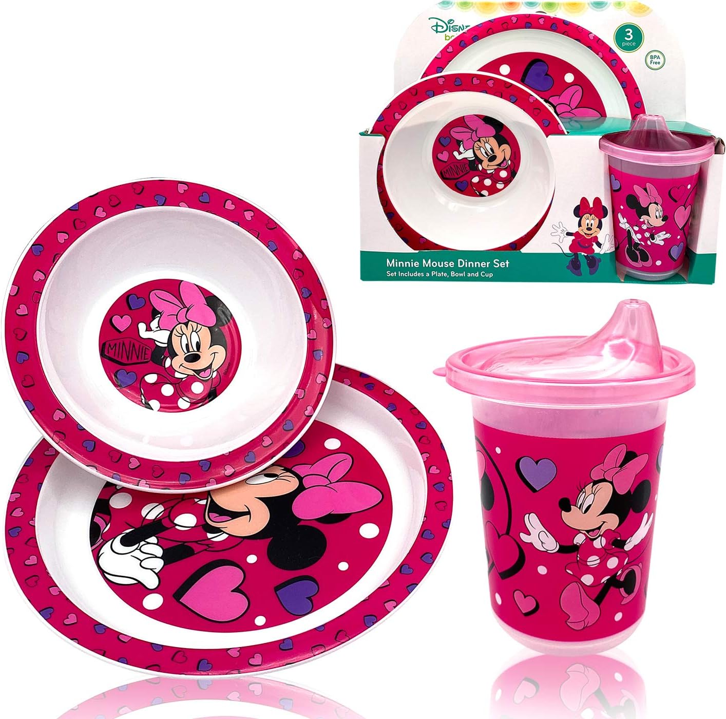 Disney Classic Minnie Baby Toddler Utensil Dinnerware Feeding Dish Set Gift Box including Break Resistant Bowl, Dish Plate, Tumbler Cups - Safe BPA free, Easy to Clean, Perfect Gifts for Kids : Baby