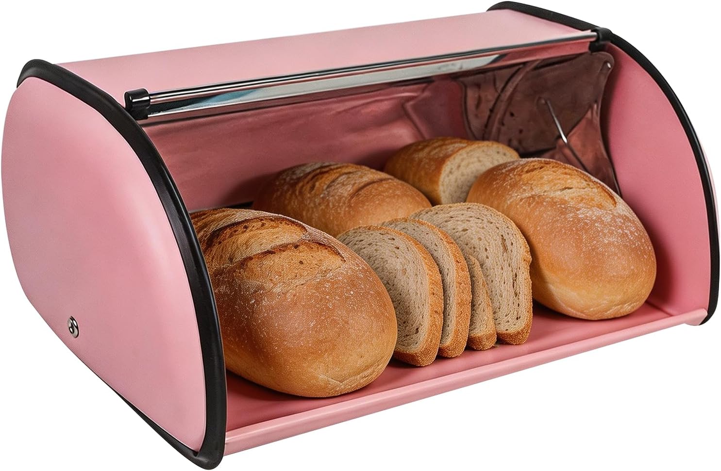 DreamsEden Stainless Steel Bread Box with Roll Up Lid, Pink Bread Bin for Kitchen Countertop, Bread Keeper for Loaves Baguettes Pastries Snacks Storage