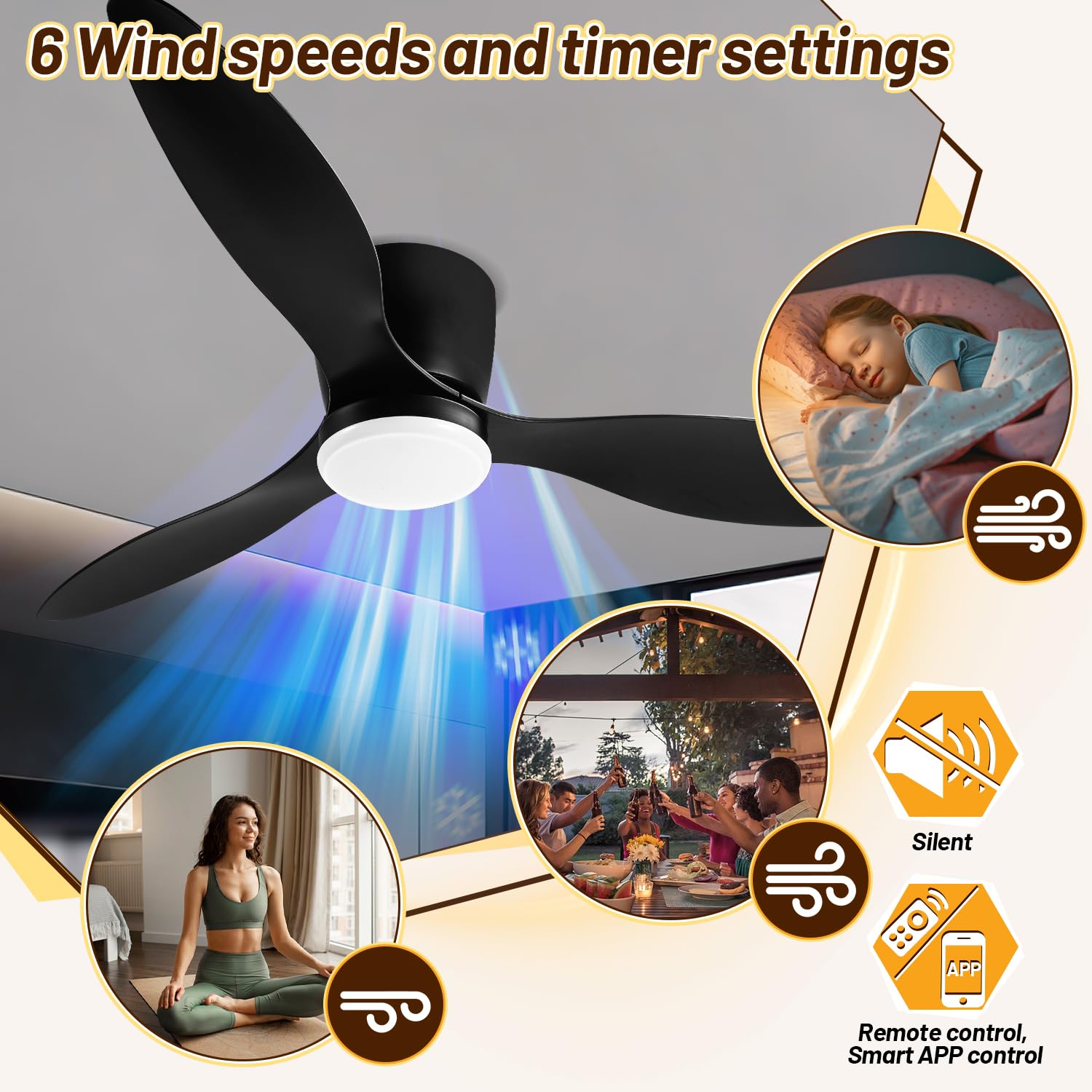 Izrielar Ventilatore da soffitto con illuminazione 2X, ventilatori da soffitto Ø132cm con luce, telecomando, 6 velocità, 3 colori dimmerabili, modalità estate e inverno, timer per camera da letto