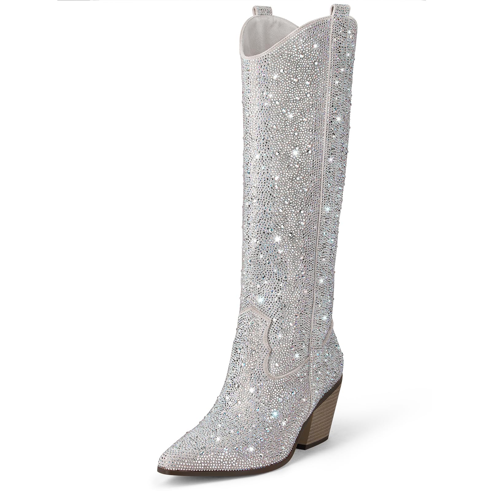 MUCCCUTE Women's Rhinestone Mid Calf Boots Sparkly Block Heel Cowboy Boots Glitter Boots