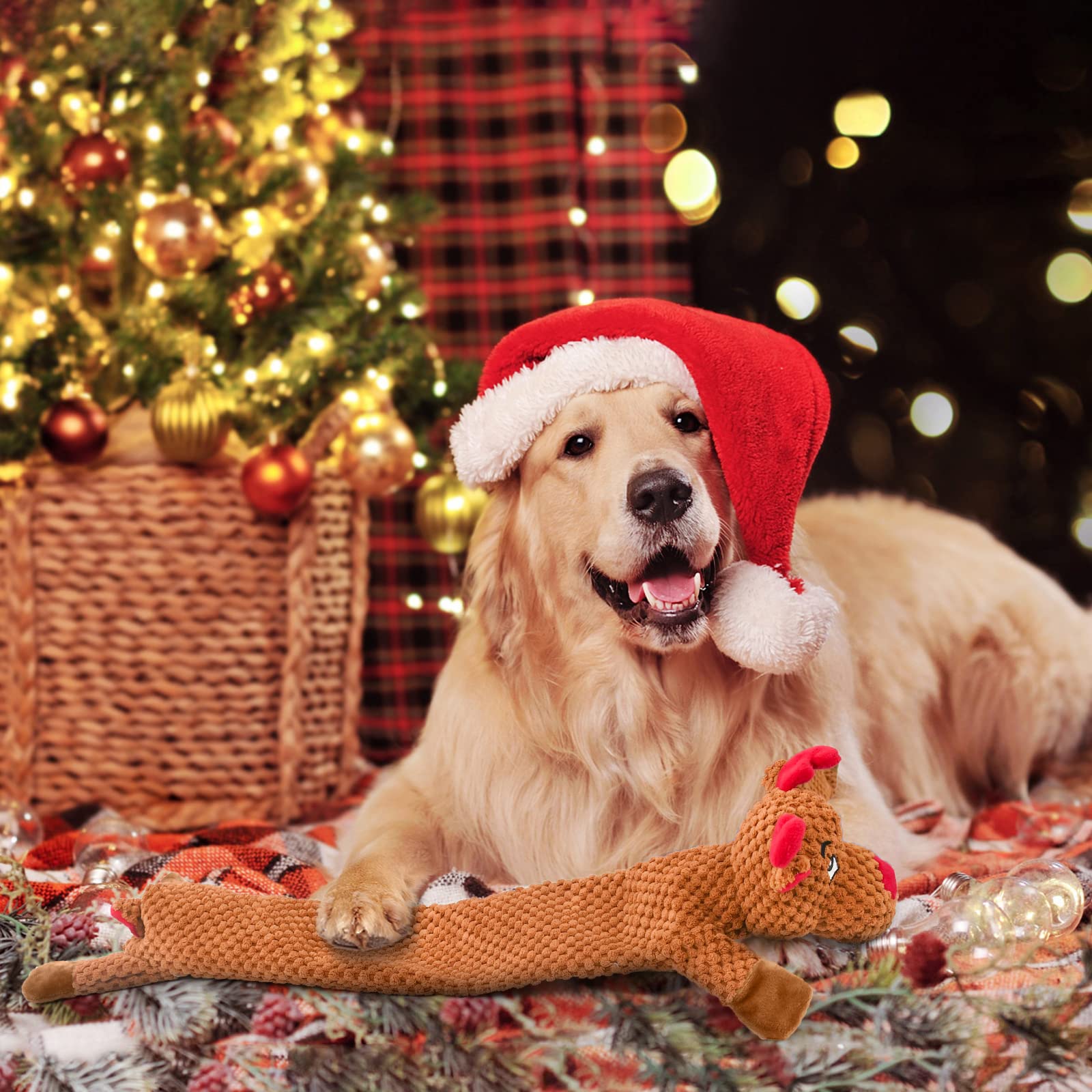 Senneny No Stuffing Dog Christmas Toys with Squeakers, Crinkle Xmas Plüsch Hundespielzeug für Große, Mittlere Kleine Hunde, Langlebiges Interaktives Hundespielzeug für Welpen, Rentier