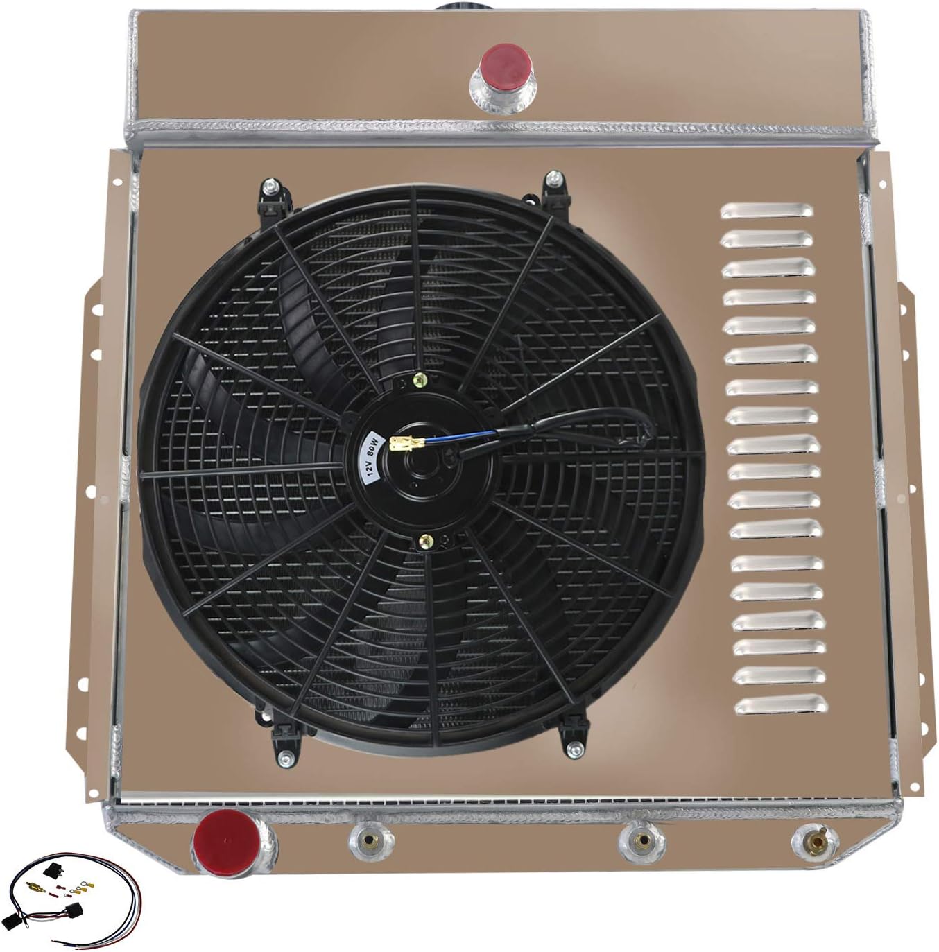 4 Row Aluminum Radiator + Shroud + Fan + Relay Fit 53-56 Ford F-100/F-250/F-350 3.5L 3.6L L6/3.9L V8/4.2L 4.4L V8