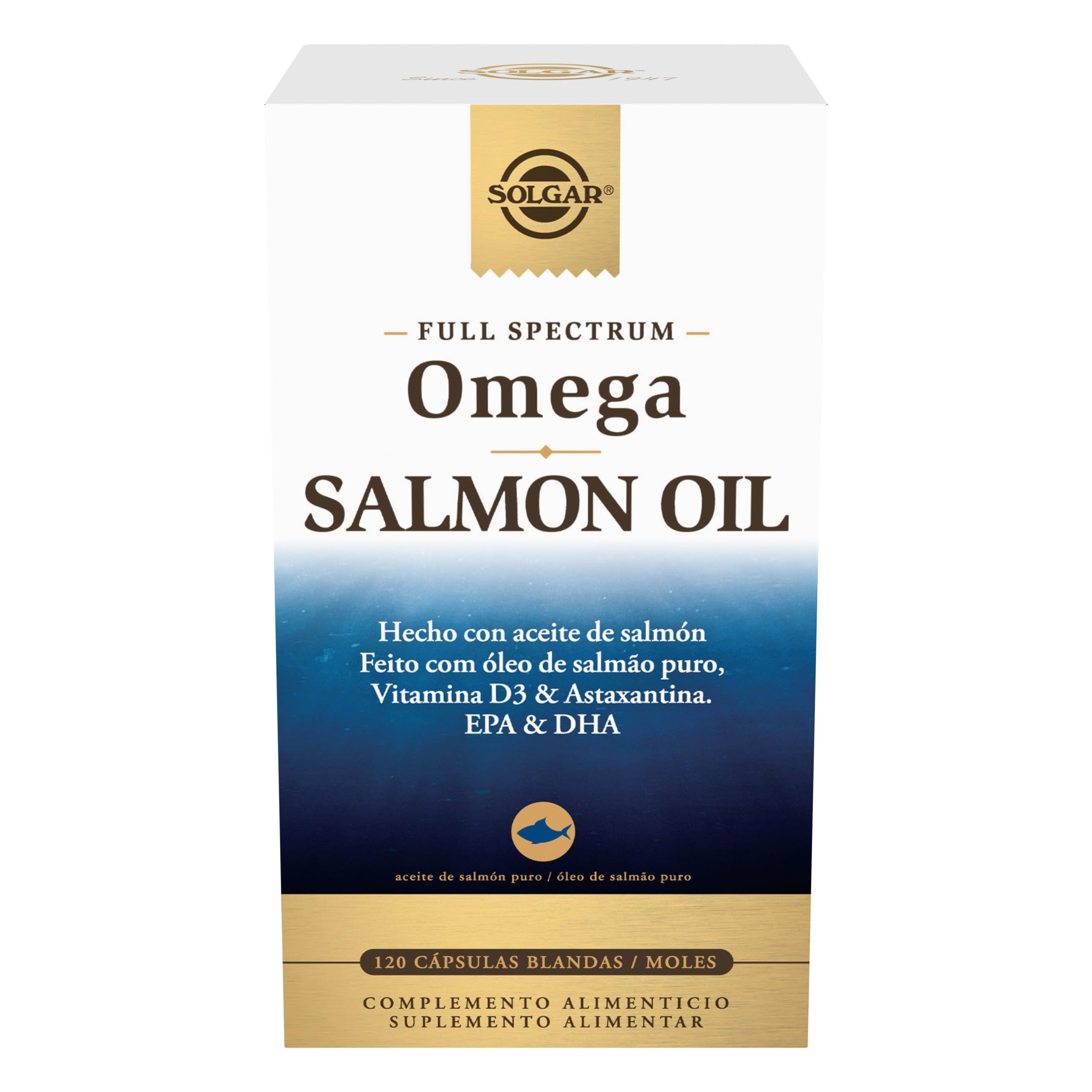 Solgar Full Spectrum Omega Salmon Oil | 120 Cápsulas Blandas | EPA DHA Omega 3 5 6 7 9 · Vitamina D3 · Astaxantina · Destilado Molecularmente · Salmón Nórdico Sostenible · Sin Gluten
