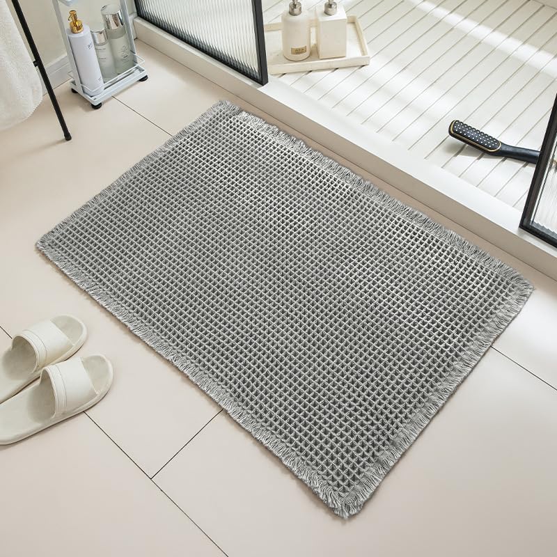 wintfarm Bathroom Mats Non Slip Washable 50x80 cm, Waffle Bath Mat, Brown Absorbent Bathmat, Soft Quick Dry Bathroom Mat Anti Mould (Grey)