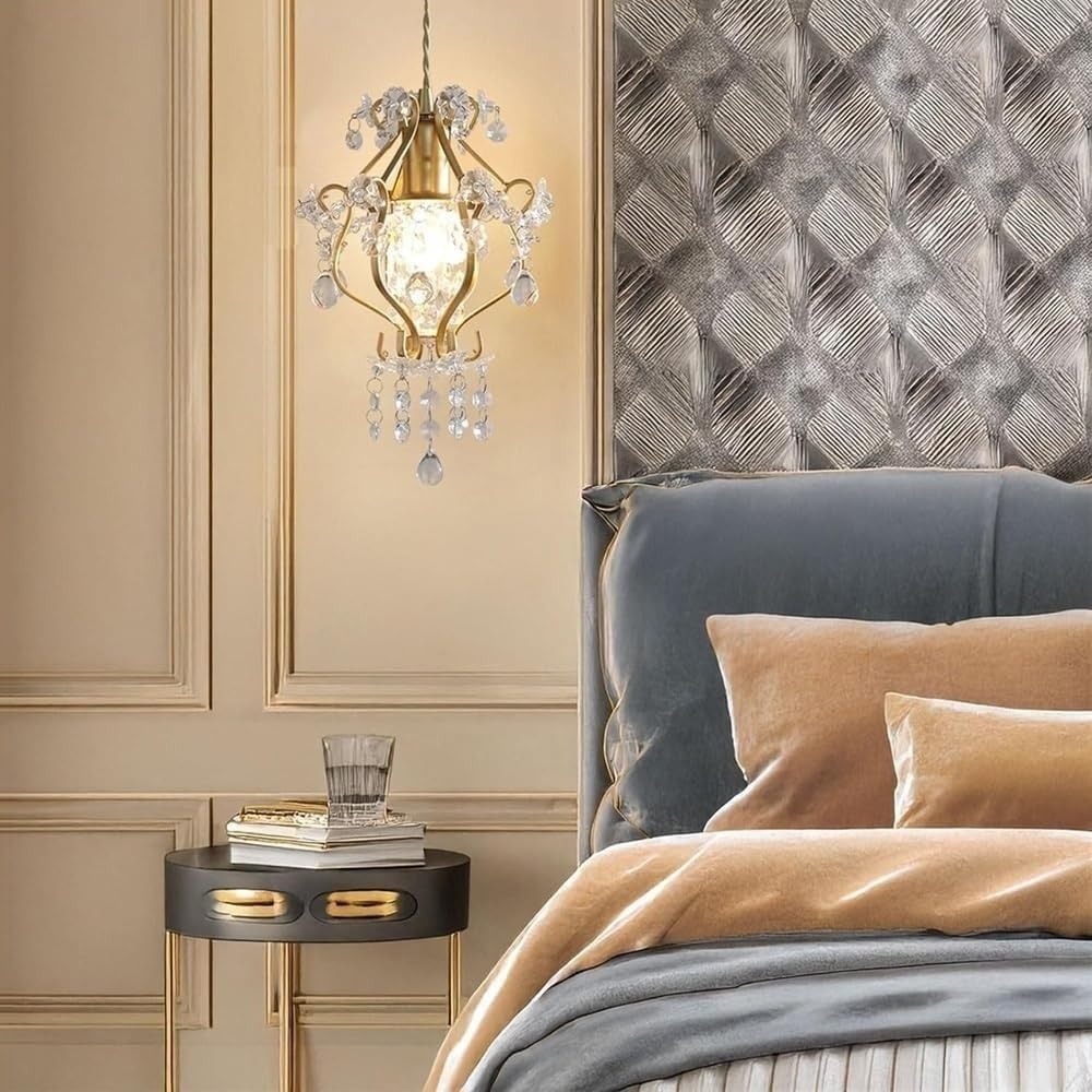 Lustre Moderne En Laiton Et Cristal, Suspension Nordique Ornée de Perles Et de Motifs Floraux, Culot E14, Cordon Réglable, Idéal Pour Une Chambre, Un Vestibule Ou Un Couloir.