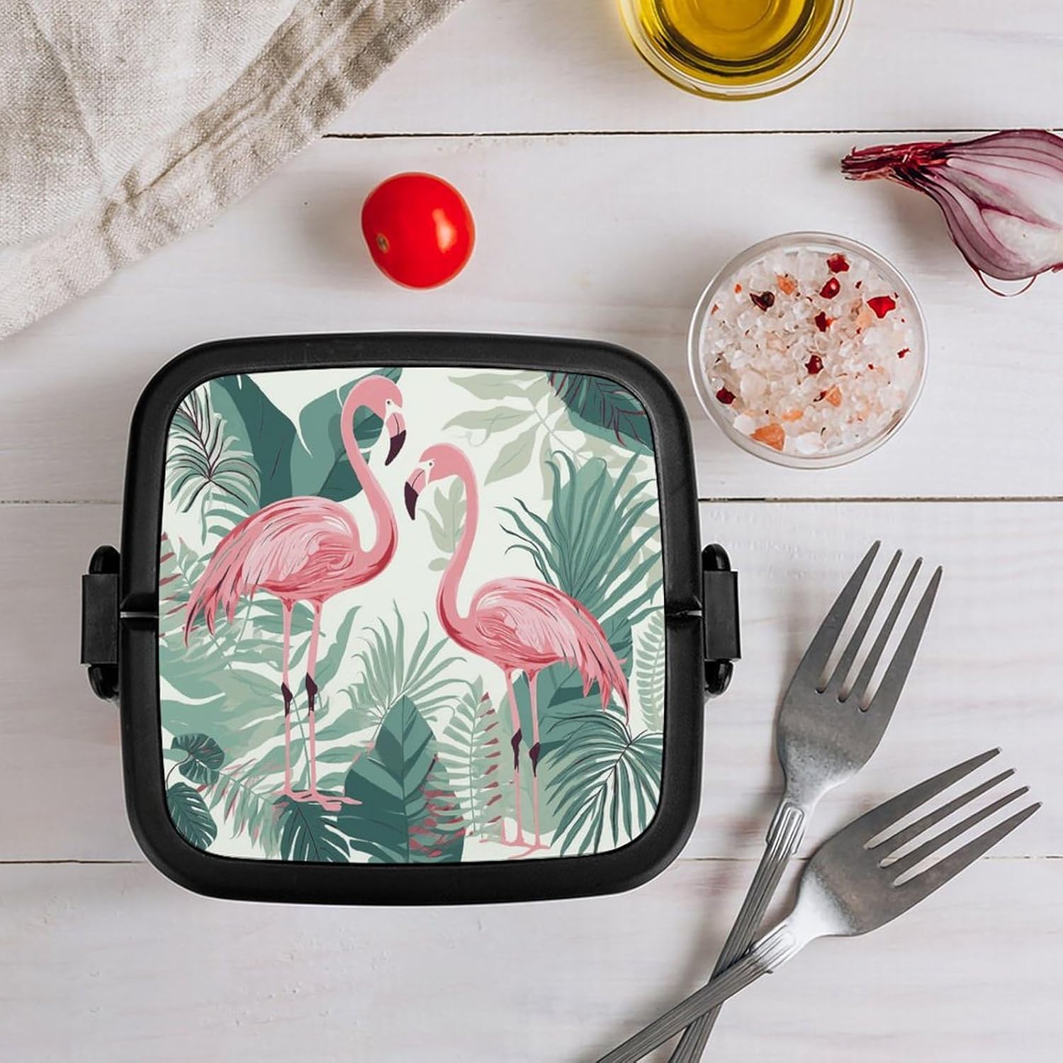 Bento Box with Spoon And Handle Cartoon Flamingo Leaves Printed Stackable Bento Box Portable Bento Lunch Box Container for Work Camping And Travel