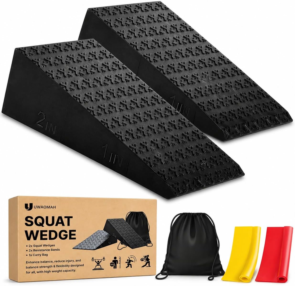 Uwaomah.Squat wedge, pack of 2, 1500 LBS Capacity, 1" & 2" Heel Elevated Squat wedge block of calf stretching & Physical Therapy, Foot Workout Wedge, Ankle Mobility, Portable Heavy Duty Blocks
