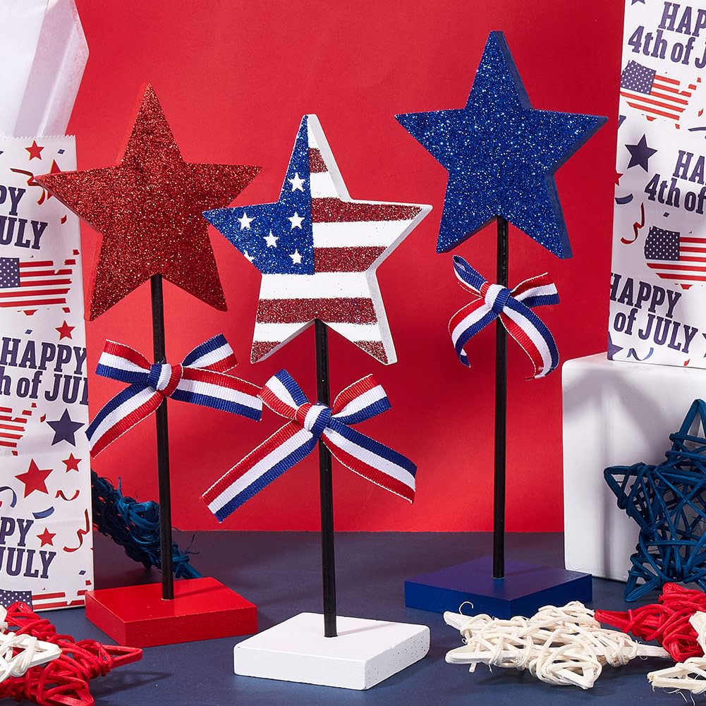 SOFPLATE 3Pcs 4th of July Wood Decor Patriotic Table Centerpieces Independence Standing Wooden Star American Flag Block Tiered Tray Ornaments Sets for American Memorial Festival Home Table Decoration - Image 3