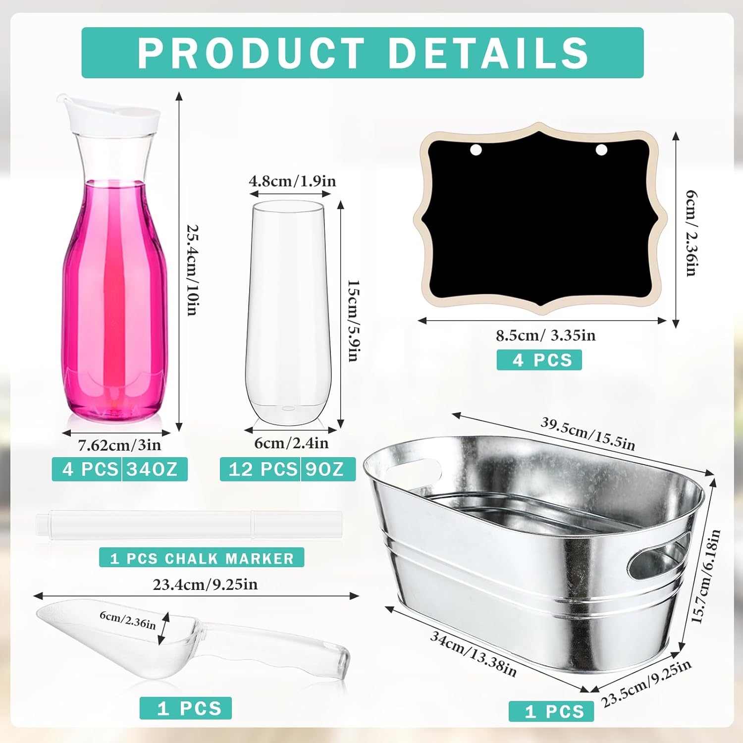 Baderke Mimosa Bar Supplies 4 Plastic Water Carafe with Lids 34 Oz, 4 Gallon Galvanized Ice Bucket 12 Plastic Champagne Flute Juice Carafes with Chalkboard for Bridal Shower Brunch Party Supplies