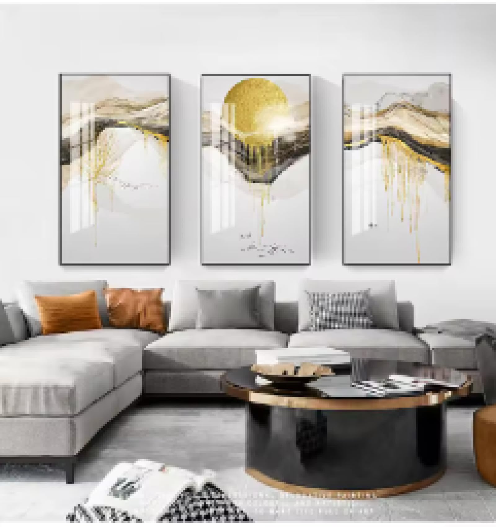 HIPWST Abstrakcyjne złote słońce obraz na płótnie płynąca duża farba plakaty wydruki stół salon nordycka sztuka ścienna dekoracja 80 x 160 cm x 3 bez ramy