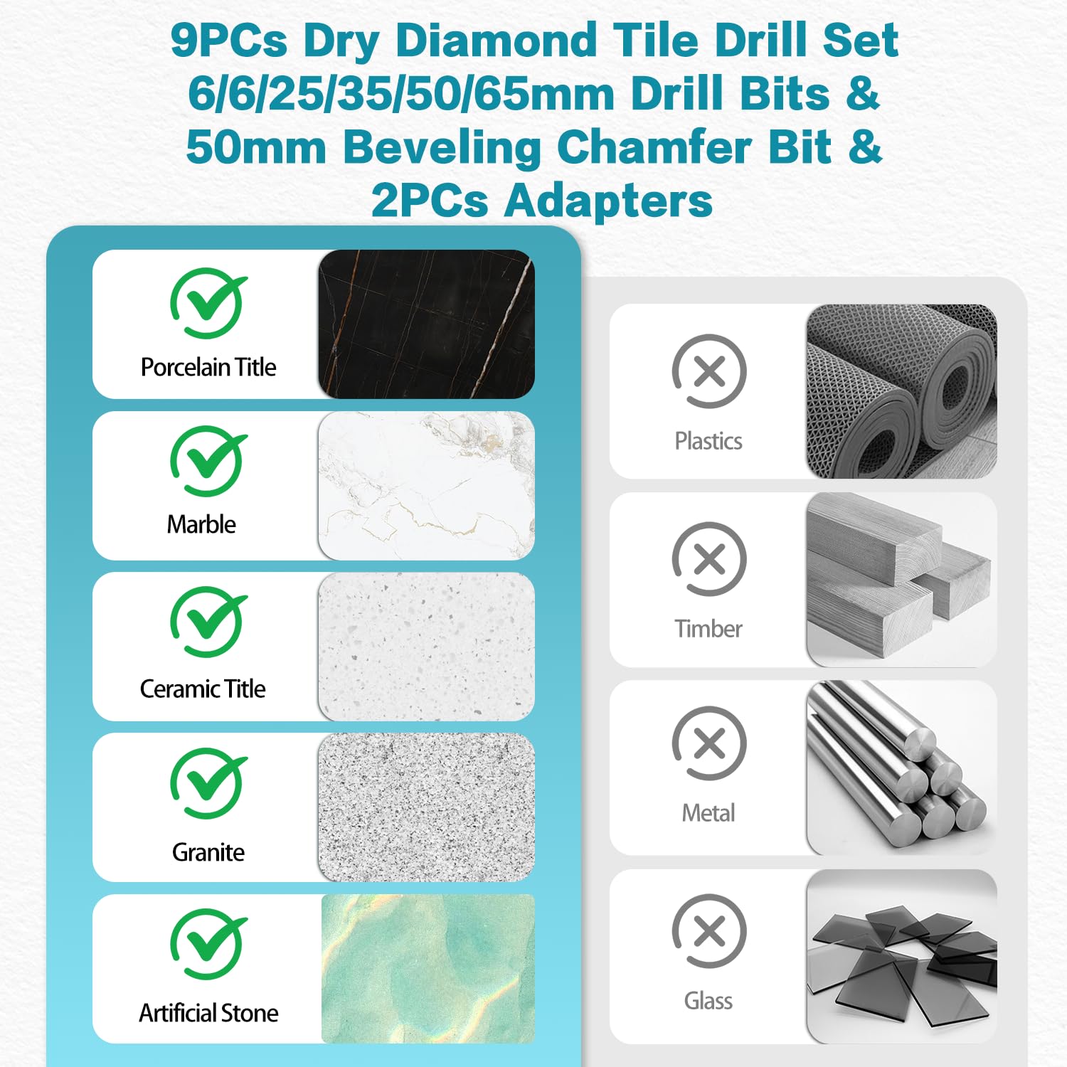 9PCs Dry Diamond Title Drill Set, 6/6/25/35/50/65mm Drill Bits & 50mm Beveling Chamfer Bit & 2PCs Adapters, for Ceramic, Tile, Marble, Porcelain 5/8-11 Thread, Core Drill, Dry Tile Drill, Tile Bit