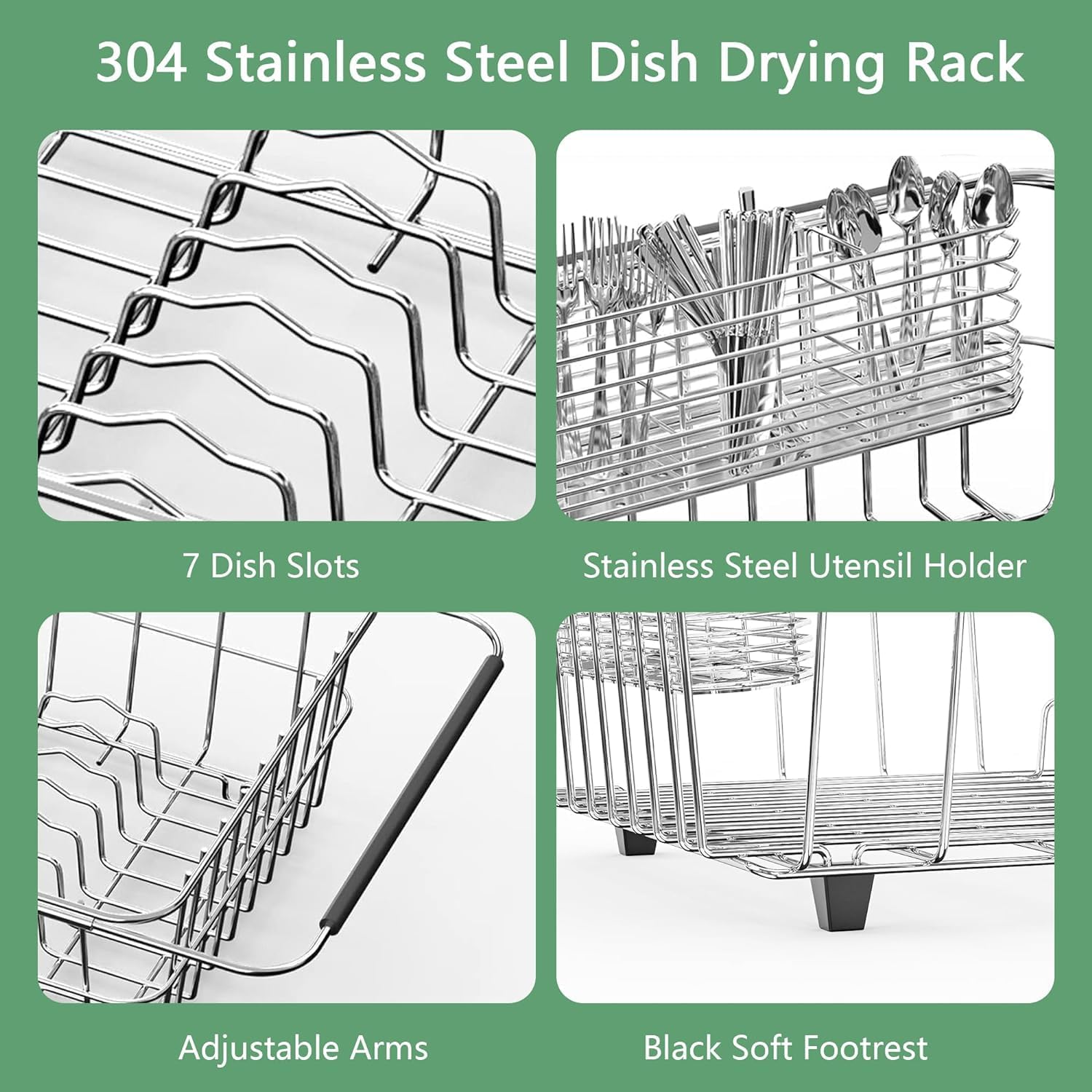 Large Dish Drainer Rack in Sink Adjustable, Expandable 304 Stainless Steel Metal Dish Drying Rack Organizer with Stainless Steel Utensil Holder Over Inside Sink Counter, Rustproof
