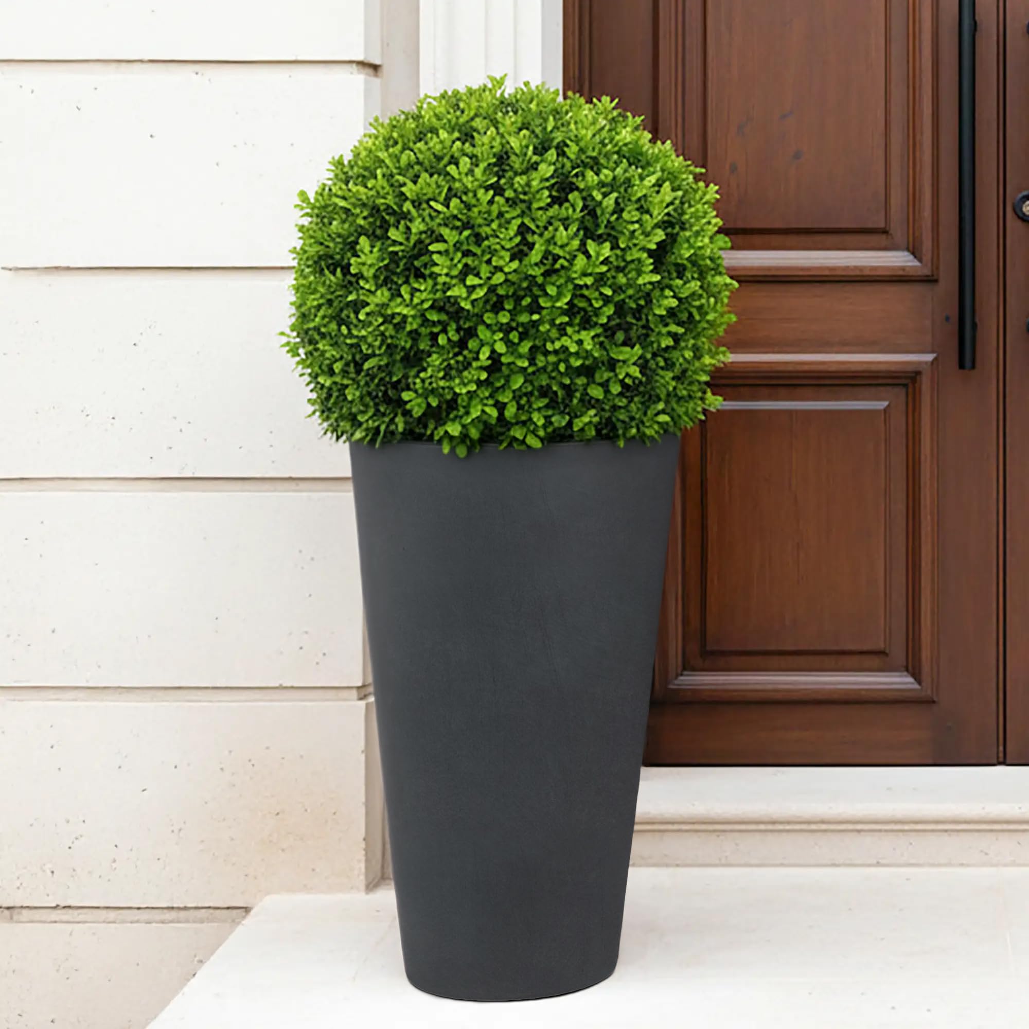 IDEALIST Outdoor 51cm Tall Plant Pot | Dark Grey Reinforced Stone Garden Planter with Drainage Holes D32 H51 cm, with Inner Top D26 cm, 27 litres