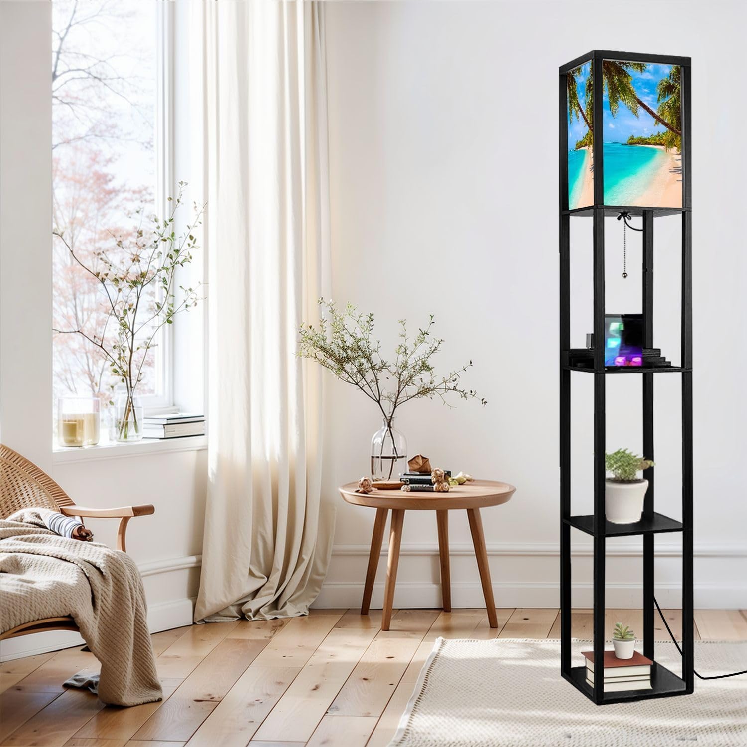 Floor Lamp with Shelves Dream Beach Palm Tree White Sand Turquoise Ocean Standing Tall Lamp USB Ports & Power Outlet Modern Corner Lamp Nightstand Light for Living Room Bedroom