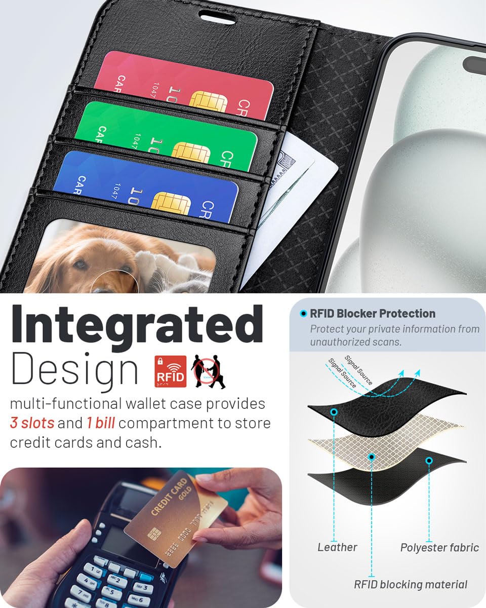 OCASE Coque pour iPhone 17, Housse en Cuir PU avec Fentes Cartes, Blocage RFID, Support Intégré et Protection Antichoc Etui Portefeuille pour iPhone 17 (6,3 Pouces, 2025) - Noir