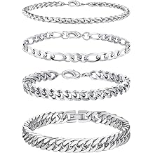 Pack of 4 Men's Bracelets 19 cm Stainless Steel Bracelets Boys Cuban Bracelet Stainless Steel Men's Bracelet Silver Bracelets for Men Hip-Hop Style Fashion Jewellery Gifts for Son Brother Husband