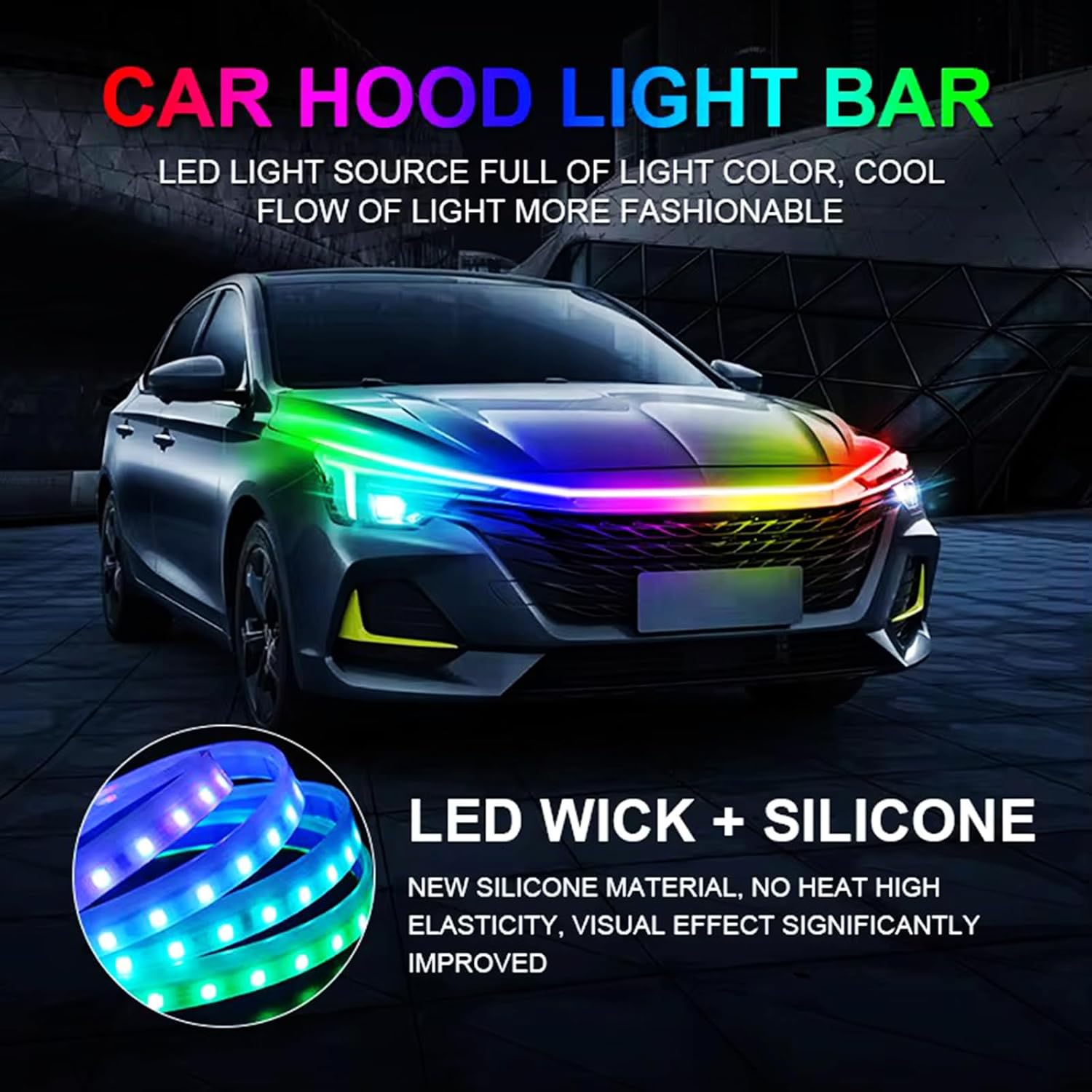 Car LED Hood Light Strip, 70 Inch 12V RGB APP Control Flexible Waterproof Daytime Running Lights with Turn Signal, Universal Bonnet Gap Glow Decoration Accessories for Cars, SUVs, Trucks