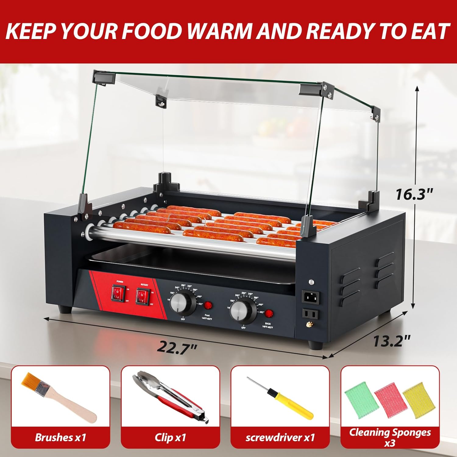 Commercial Hot Dog Rollers, 7 Rollers 18-24 Hot Dogs Capacity, 1000W Stainless Steel Hot Dog Griller with Dual Controls, Glass Cover, Removable Tray for Commercial and Party