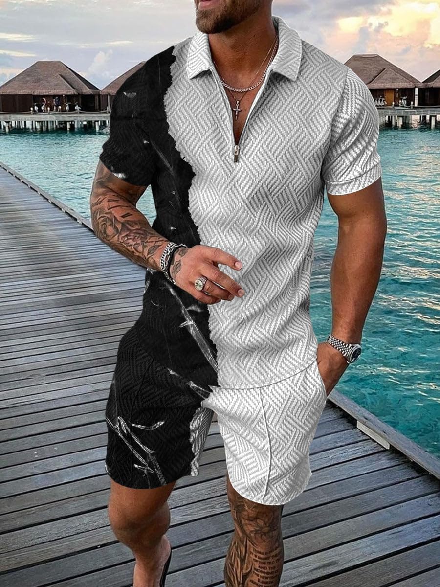 BIRW 3XL Black Grey Mens Short Sets 2 Piece Outfits Fashion Summer Tracksuits Casual Set Polo Shirt Short Sleeve and Shorts Set - Image 2