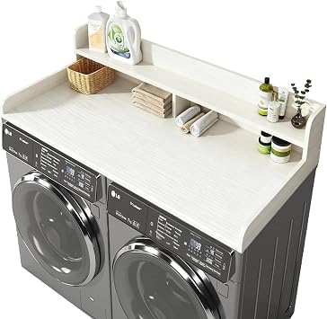 2-Tier Washer Dryer Countertop, Laundry Countertop with 2.75" H Edge Rails, 54" W x 27.5" D Wooden Washer and Dryer Topper with Non-Slip Pad for Laundry Room Organization and Storage