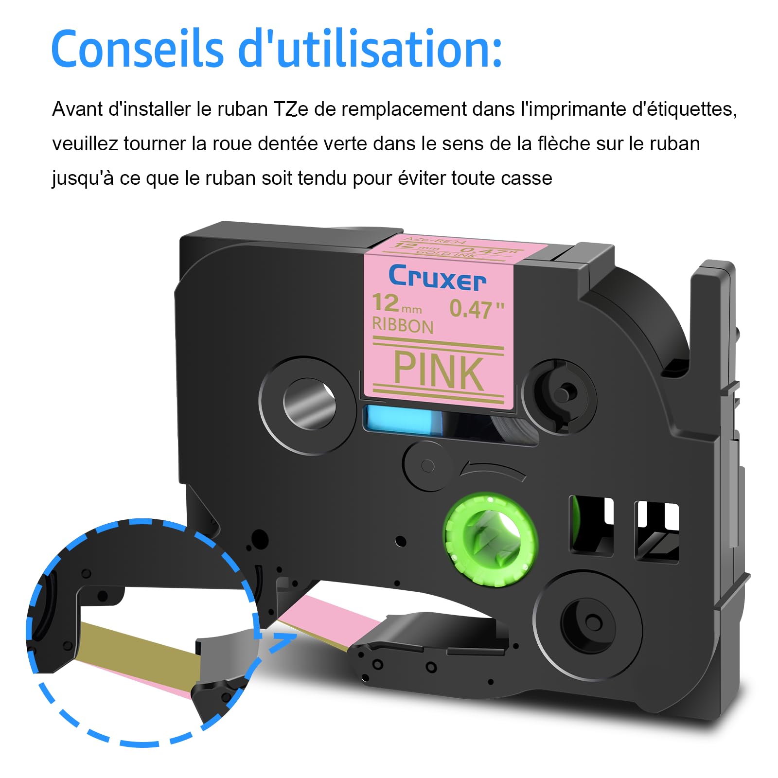 Cruxer Lot de 50 TZE-RE34 Compatibles avec P-Touch Doré sur Rose 12 mm