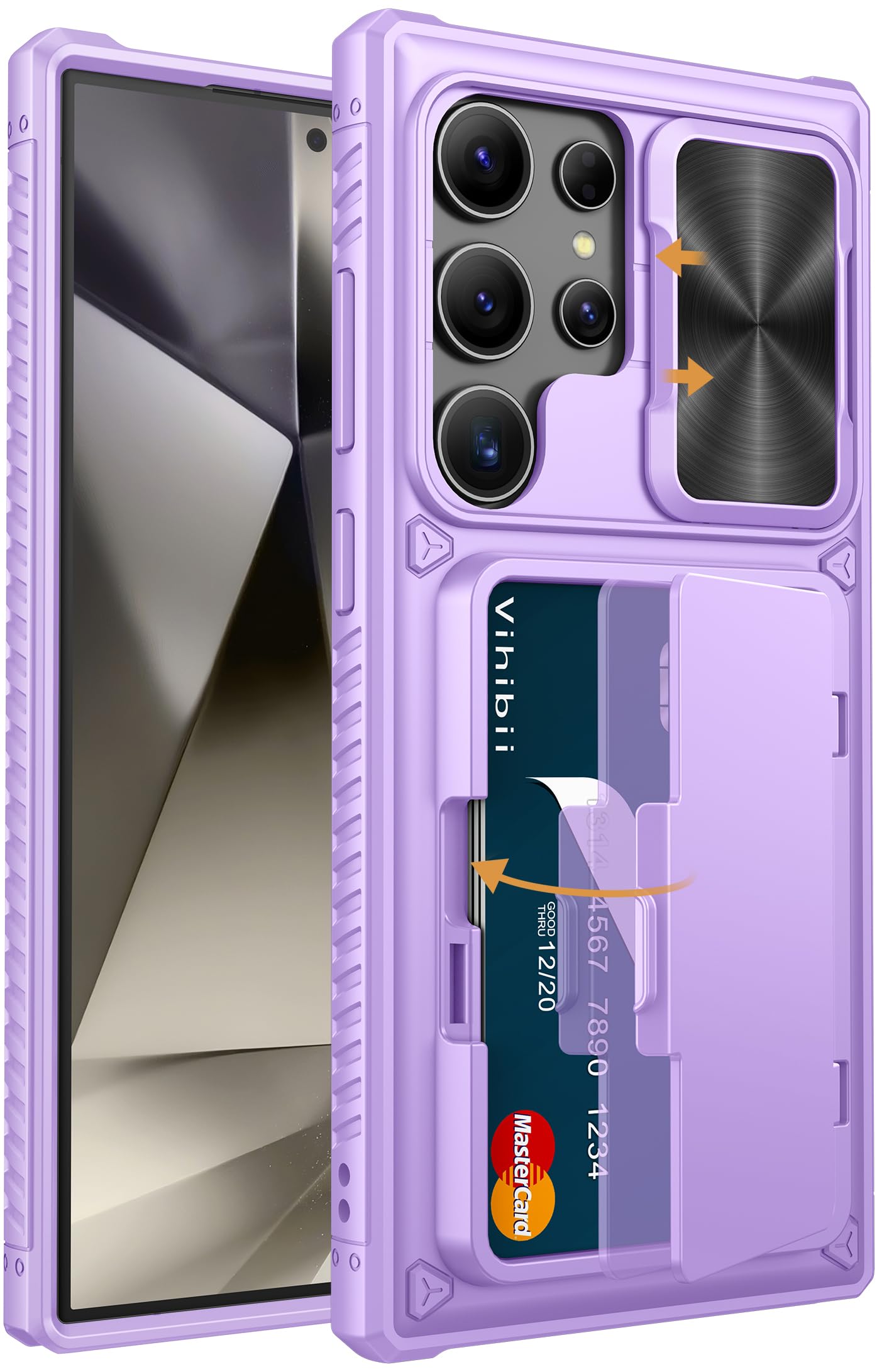 Vihibii for Samsung Galaxy S24 Ultra Case with Card Holder (4 Cards) & Camera Cover & Kickstand, Rugged Durable Hard Back & Soft Edge Wallet Phone Case for Samsung Galaxy S24 Ultra 6.8" 2024, Purple