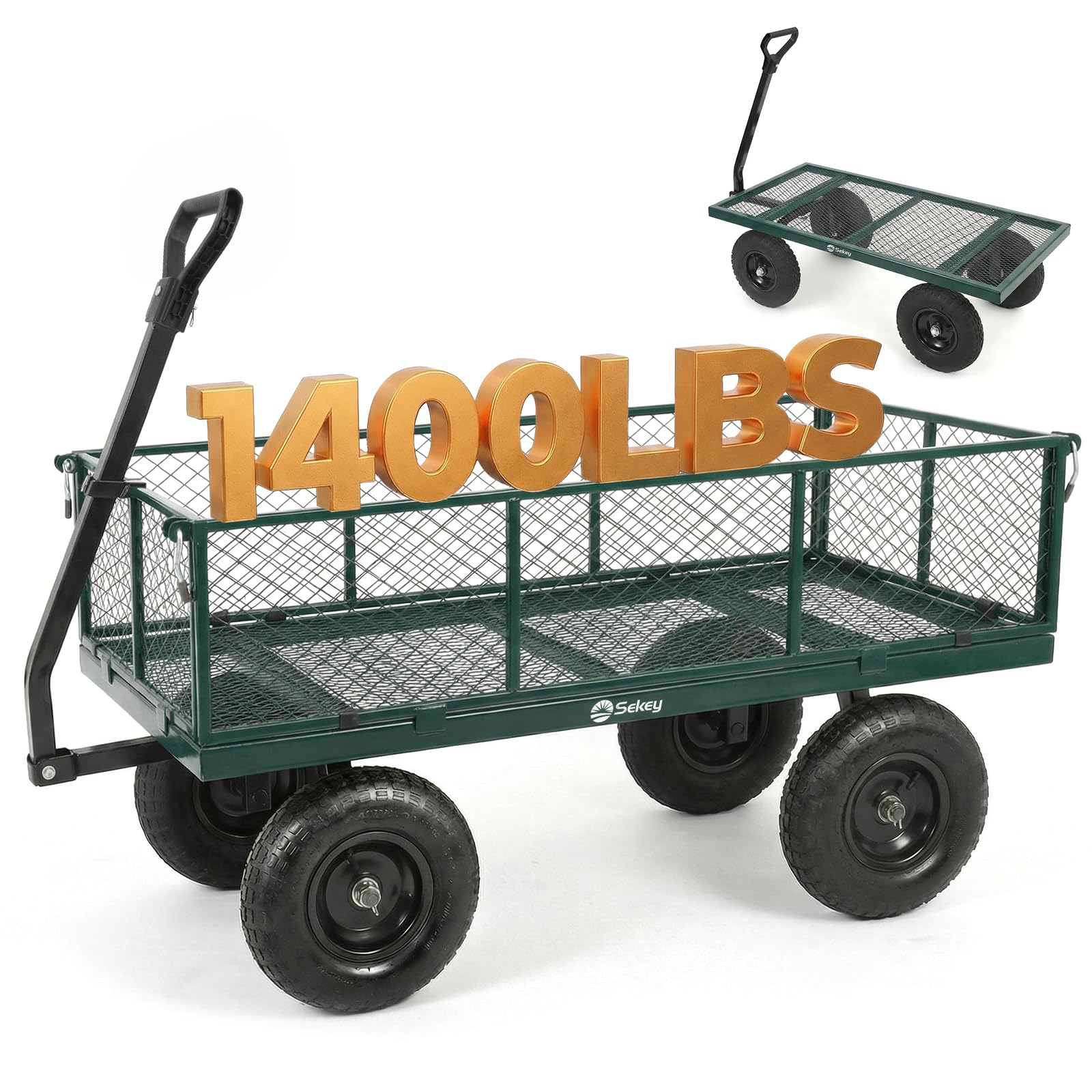 Sekey 7.7 Cu Ft Steel Garden Cart, 1400 lb Capacity, Towable Handle