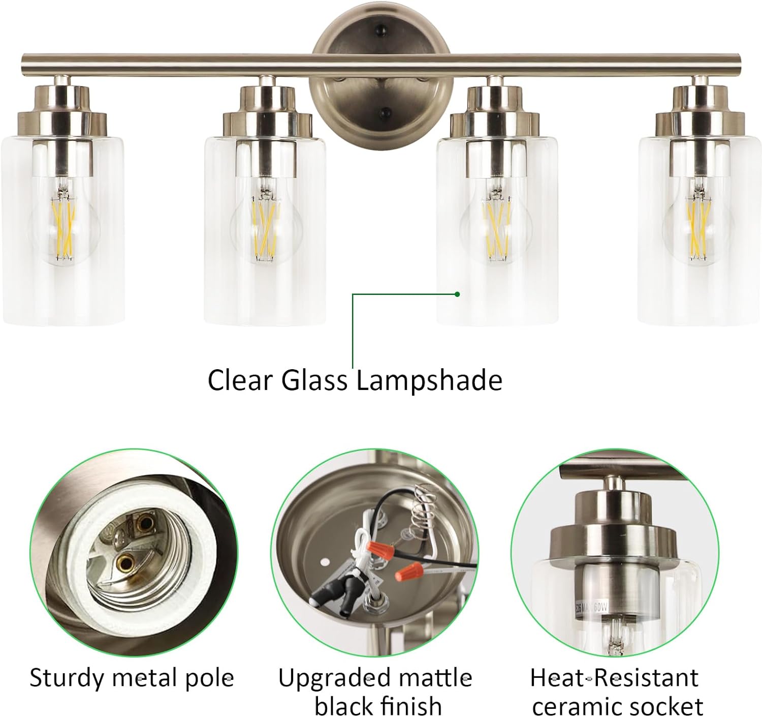Close-up view of the light fixture components: clear glass lampshade, sturdy metal pole, upgraded matte black finish, and heat-resistant ceramic socket
