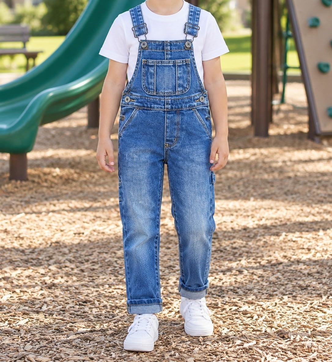KIDSCOOL Kids Denim Jeans Overalls Unisex Bib Pants with Hammer Loop