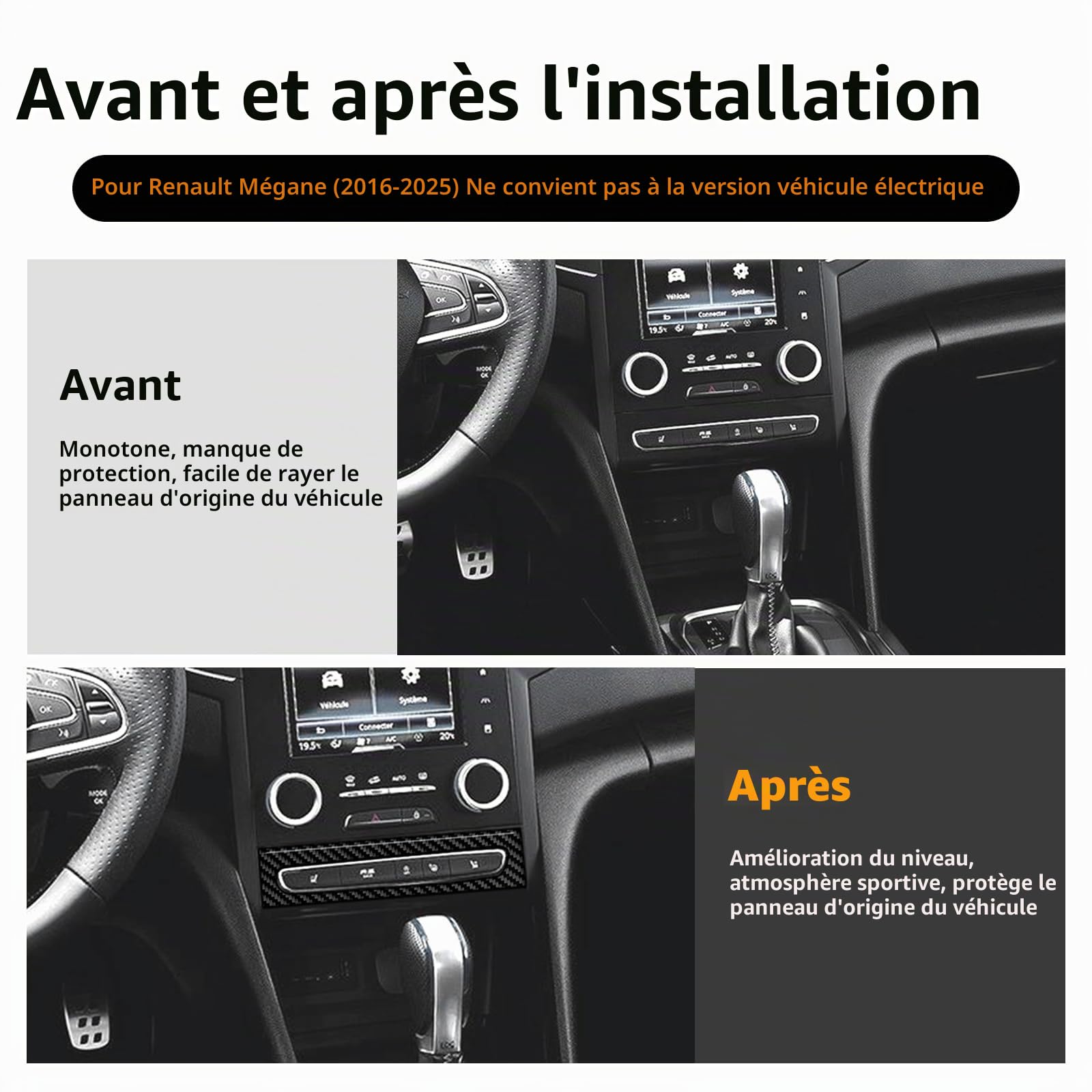 KUNGKIC Pour Renault Megane 4 2016 2017 2018 2019 2020 2021 2022-2025 Panneau de commande central de voiture en fibre de carbone Panneau de commande multifonction Panneau décoratif Autocollant