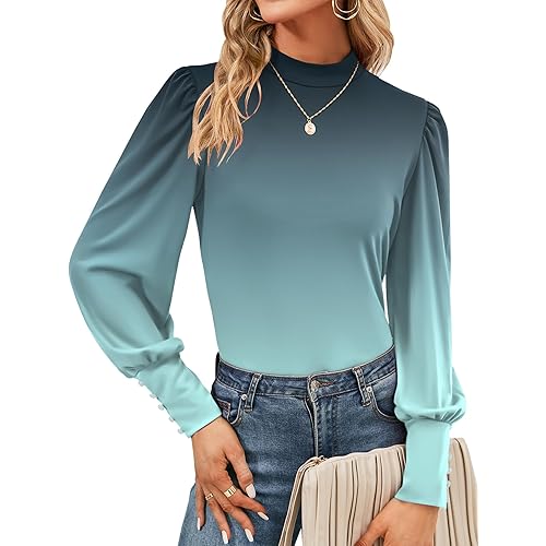 Qirno Womens Mock Neck Puff Long Sleeve Tops Casual Loose Solid Basic T Shirt Button Cuffs Pullovers Shirts Blouse
