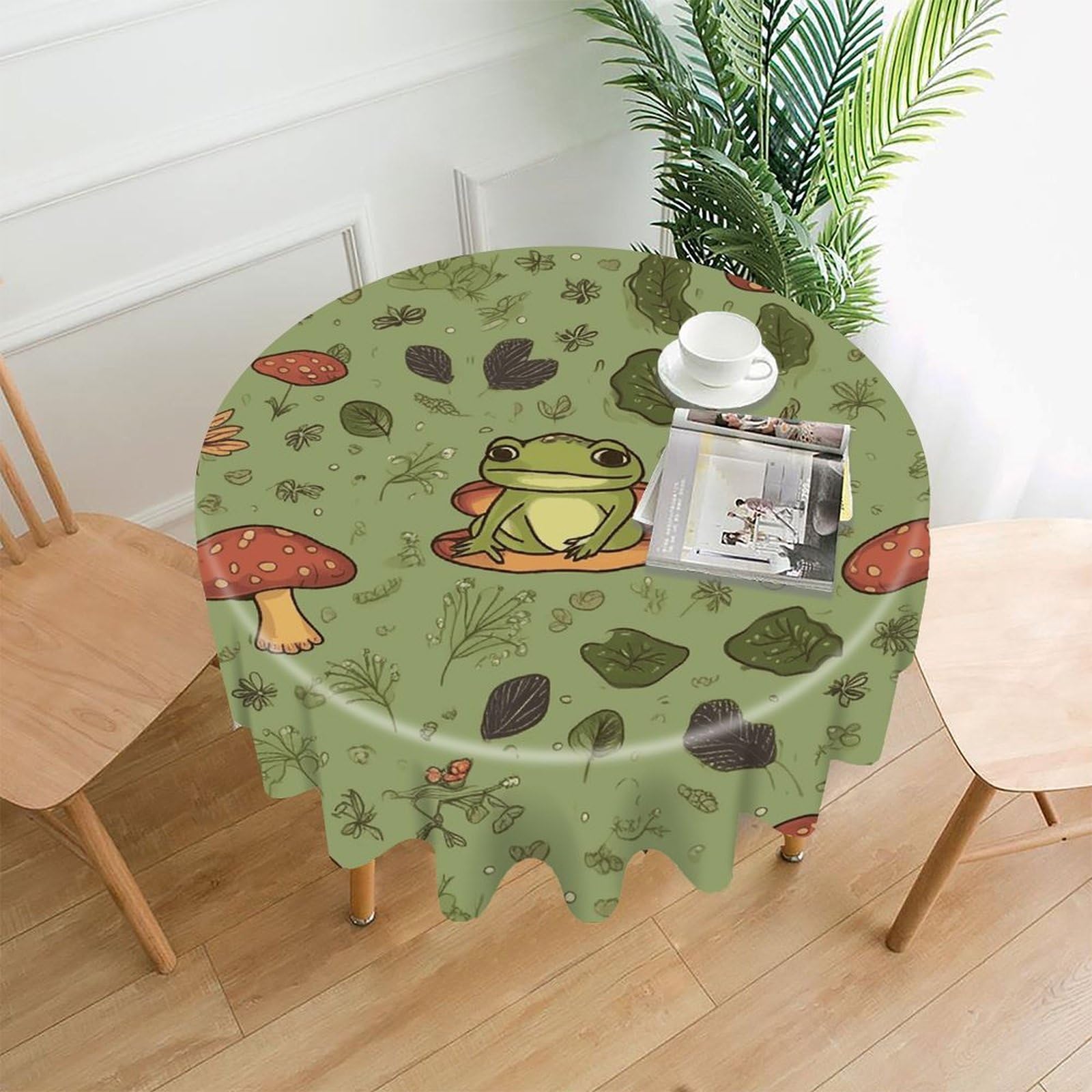 MUSM 60 Inch Frogs and Mushrooms Round Tablecloth Wipeable Washable Table Cover for Kitchen and Dining Room Decorative Table Cloth for Party Holiday Picnic Outdoor