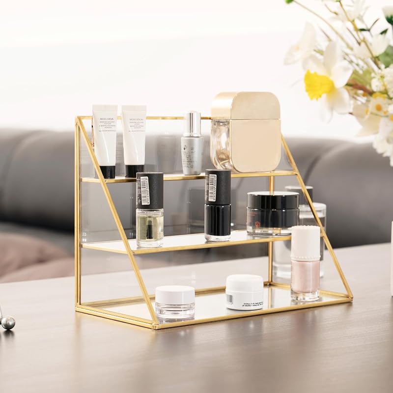 FSyueyun 3-Tier Glass Makeup Organizer, Gold Display Case for Vanity