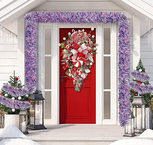 Miniatura 3 de Corona de bastón de caramelo de Navidad 2023 para puerta delantera, diseño de lágrima roja y blanca, bastón de caramelo, decoración de escalera de