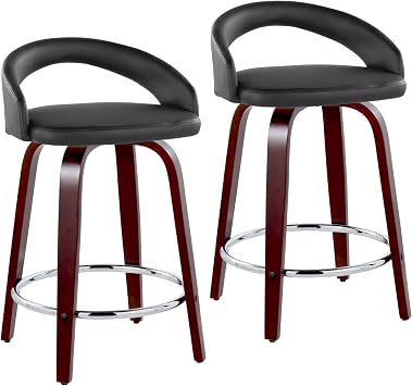 LumiSource Grotto Upholstered 24" Fixed-Height Counter Stool with Swivel Set of 2, Mahogany Counter Stools, Stools for Kitchen Island Black PU