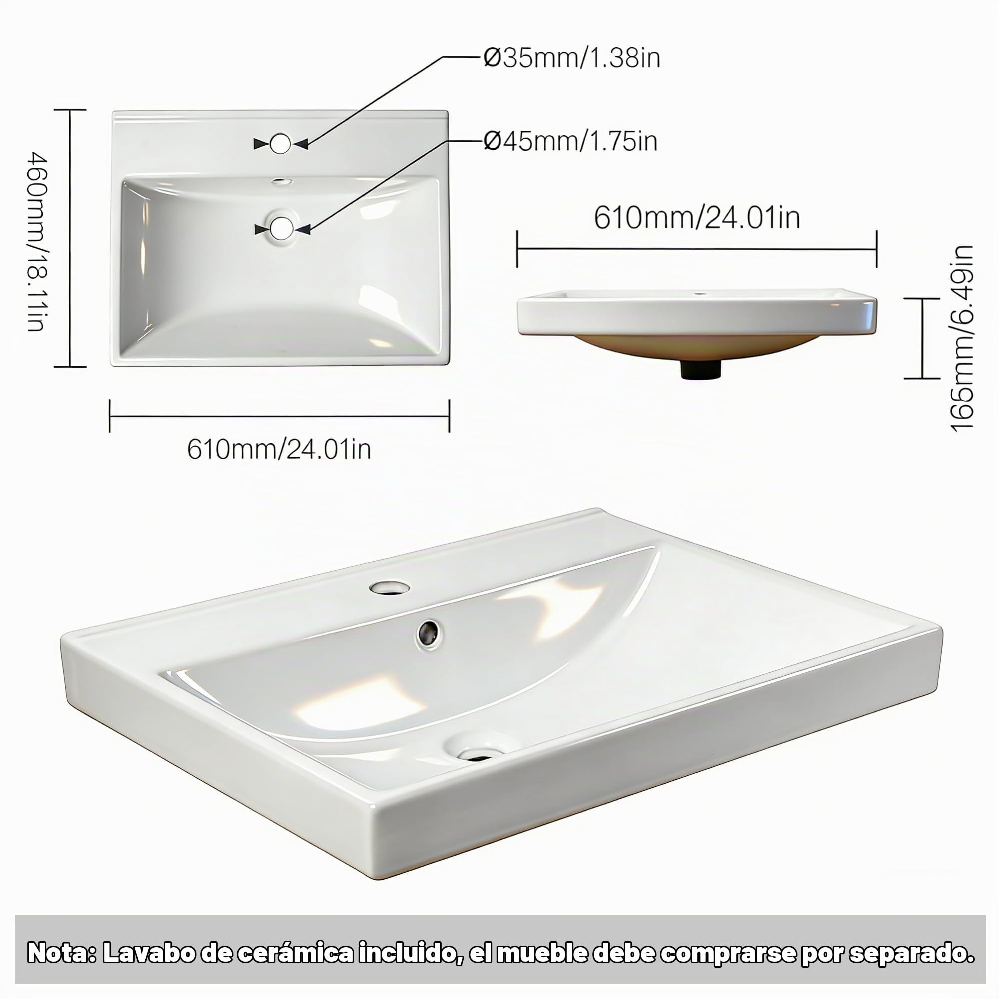 NUESTRA VIDA Lavabo Sobre Encimera, Lavabo de Porcelana para Baño Rectangular 61 × 46 × 16,5 cm, Blanco Brillo (Sin Mueble de Baño)